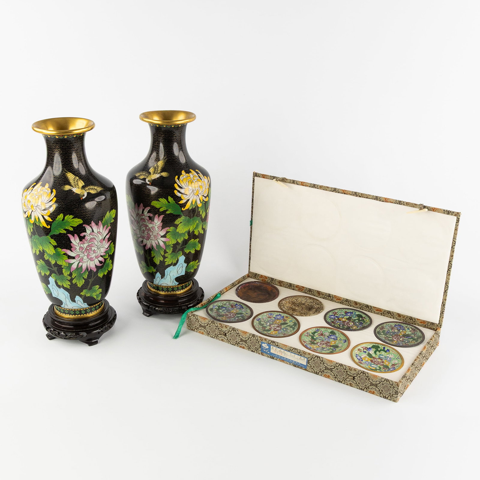 A Pair of Oriental Cloisonné vases with Floral and Bird decoration. Added, a box of cloisonn (1 of 12)