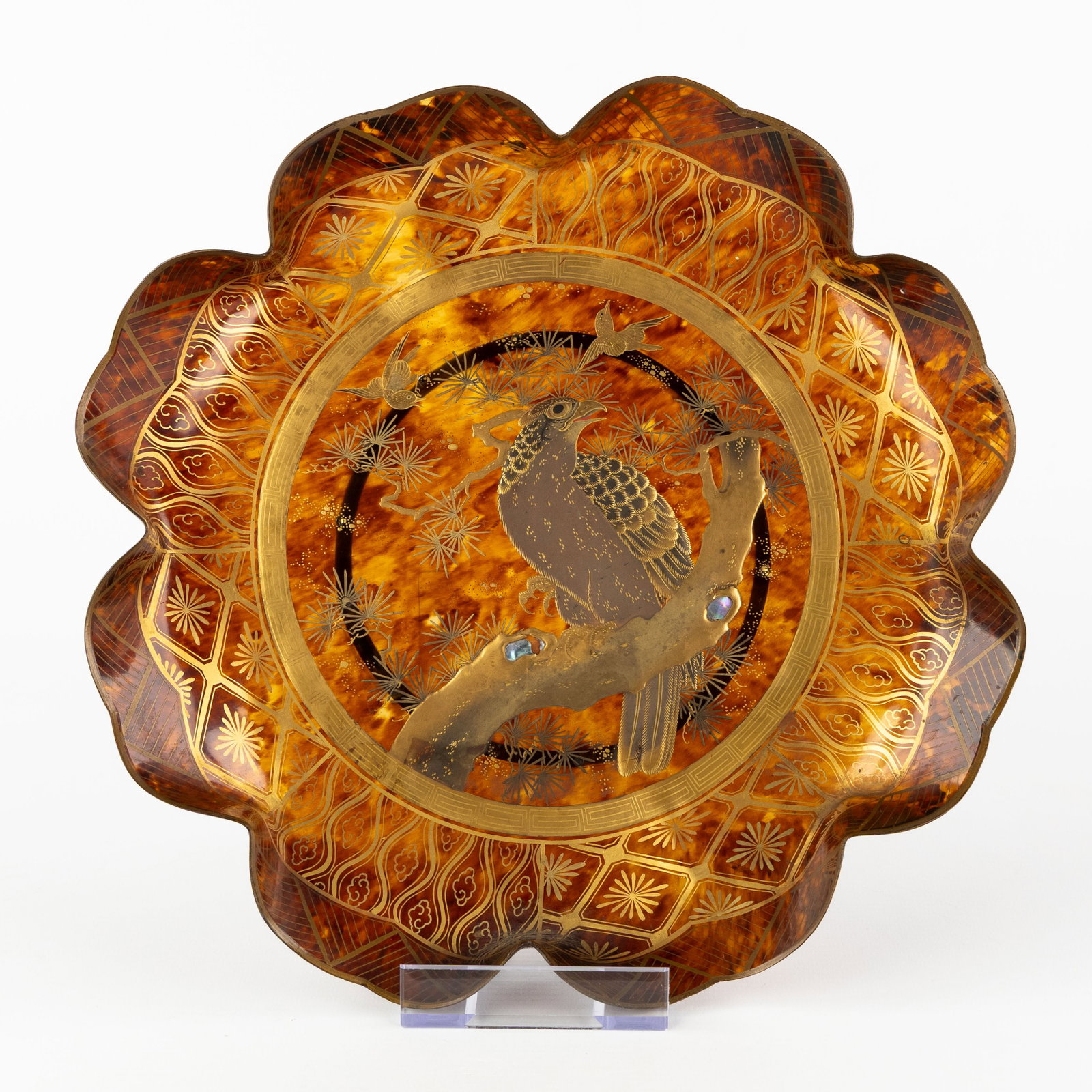 An Antique Japanese decorative dish in tortoiseshell with gold-lacquered pheasant decoration, Meiji, (1 of 6)