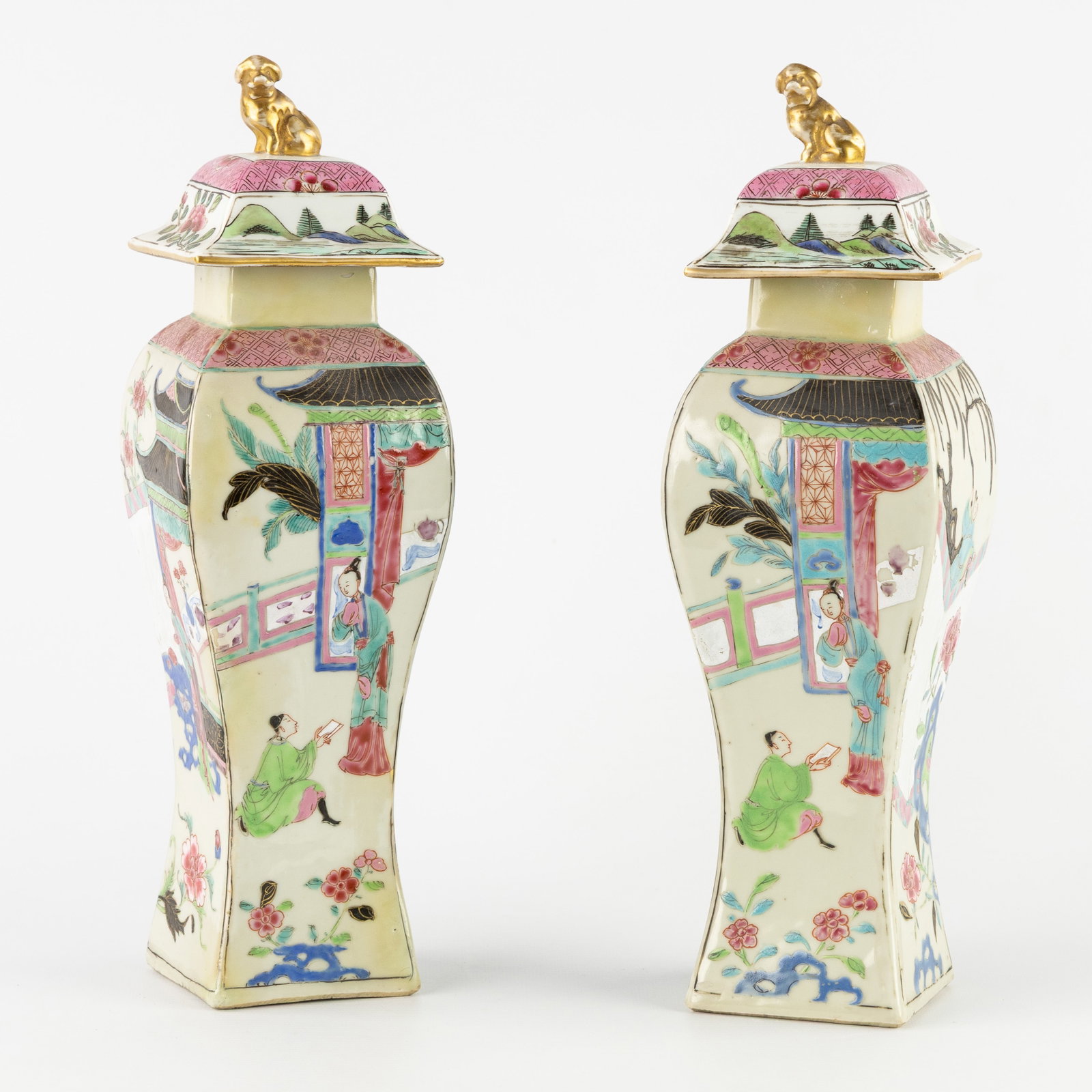 A Pair of Chinese square baluster vases with lids, Famille Rose, decorated with scenes of seduction, (1 of 9)