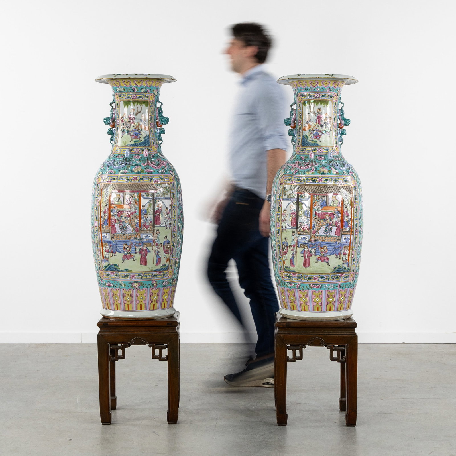 A Pair of Exceptionally Large Chinese vases, Famille Rose, richly decorated with Palace scenes and D (1 of 12)