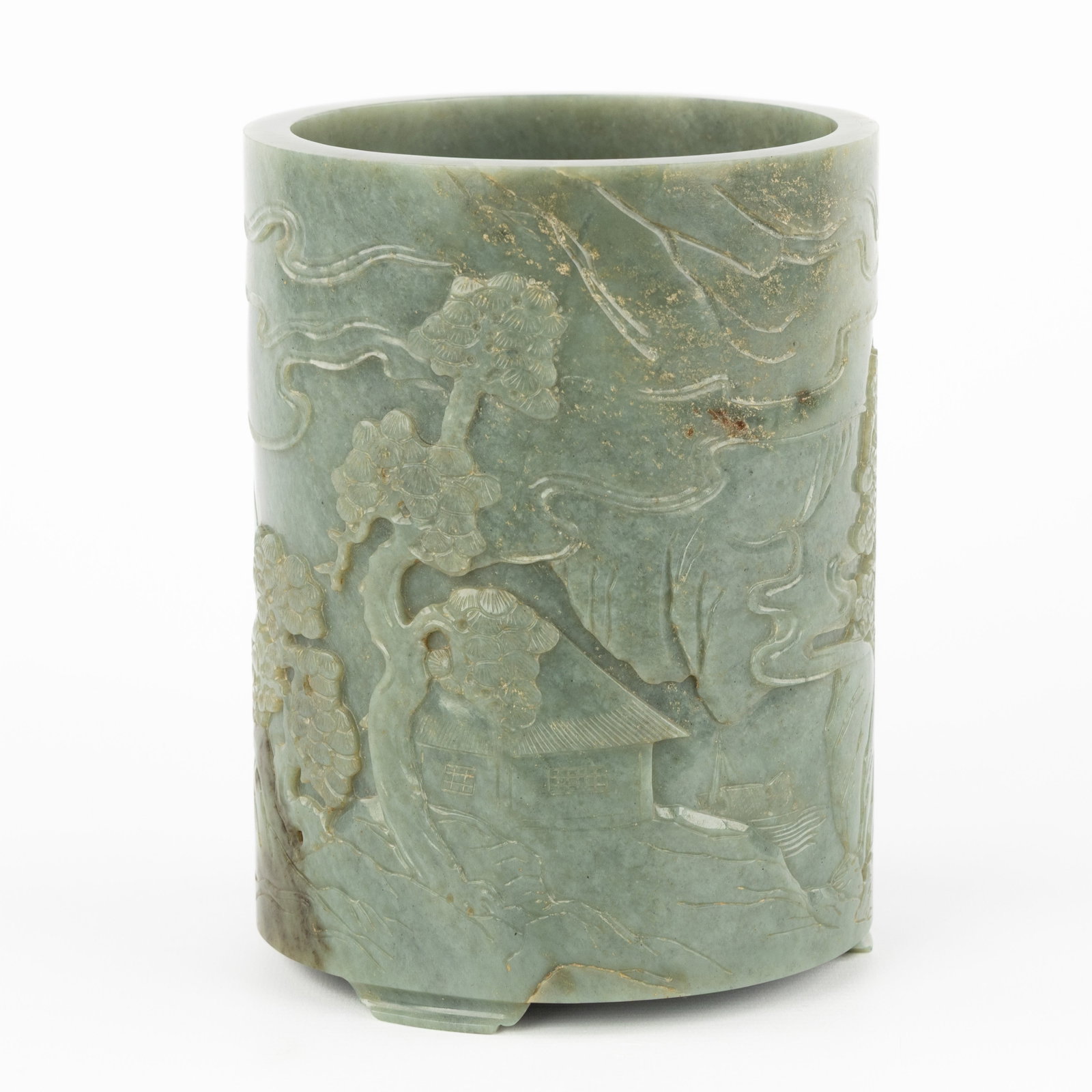 A large Chinese sculptured Jade vase with a Mountain landscape decor, 18th C. (1 of 8)