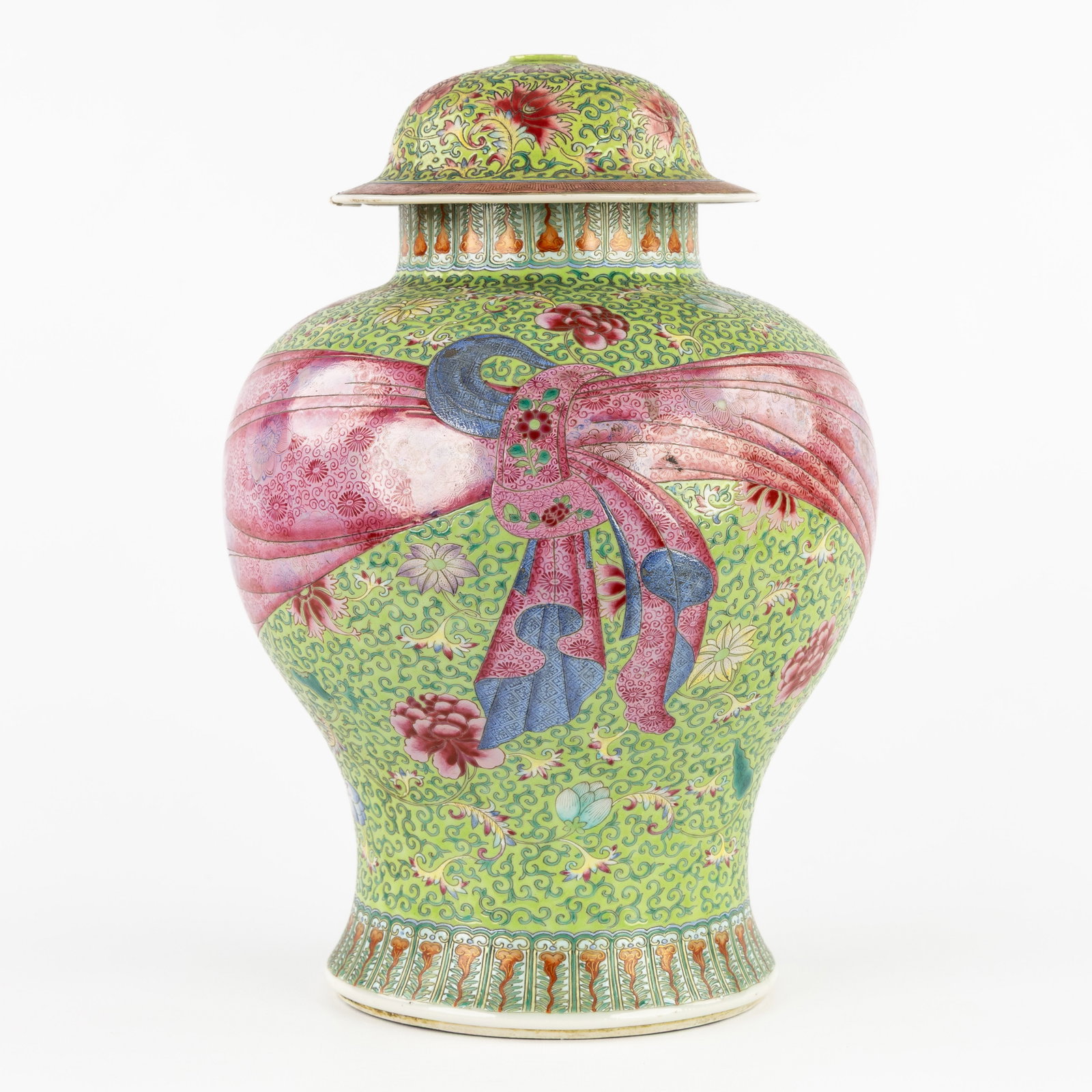 A Chinese Covered vase or Baluster vase, Famille Rose, 'Scrolling Lotus' decor on a lime green backg (1 of 10)