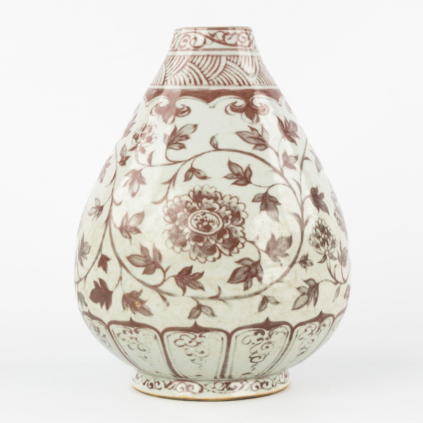 A Chinese 'Pear-Shaped' and copper-red Scrolling Peonies vase, Ming or later.  (1 of 7)