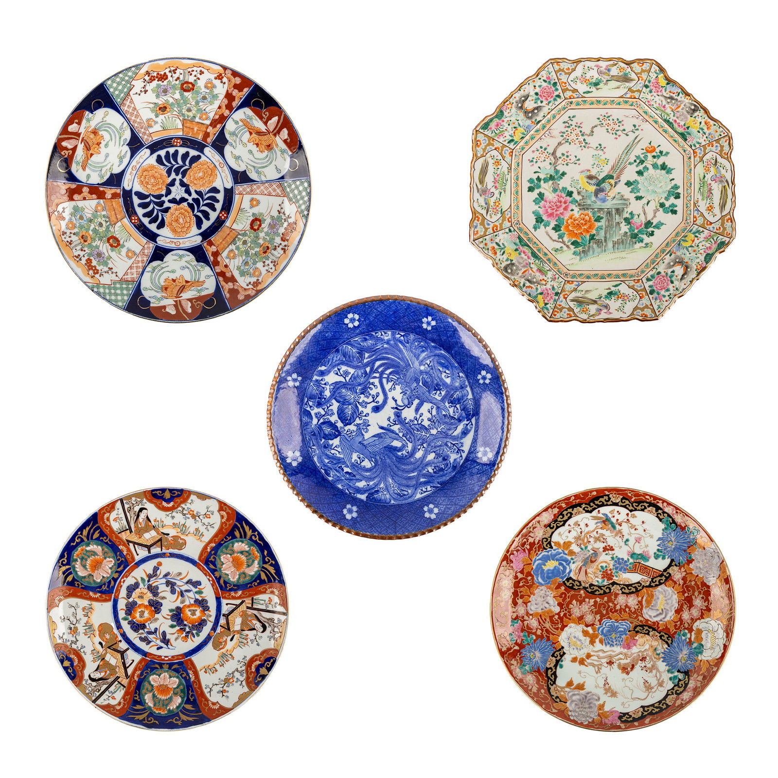 Five Large Japanese Chargers, Kutani, Blue-white and Imari. Meiji Period and later. : Five Large Japanese Chargers, Kutani, Blue-white and Imari. Meiji Period and later. A Japanese octagonal decorative plate with fauna and flora decor, Meiji period. Decorated with pheasants, butt