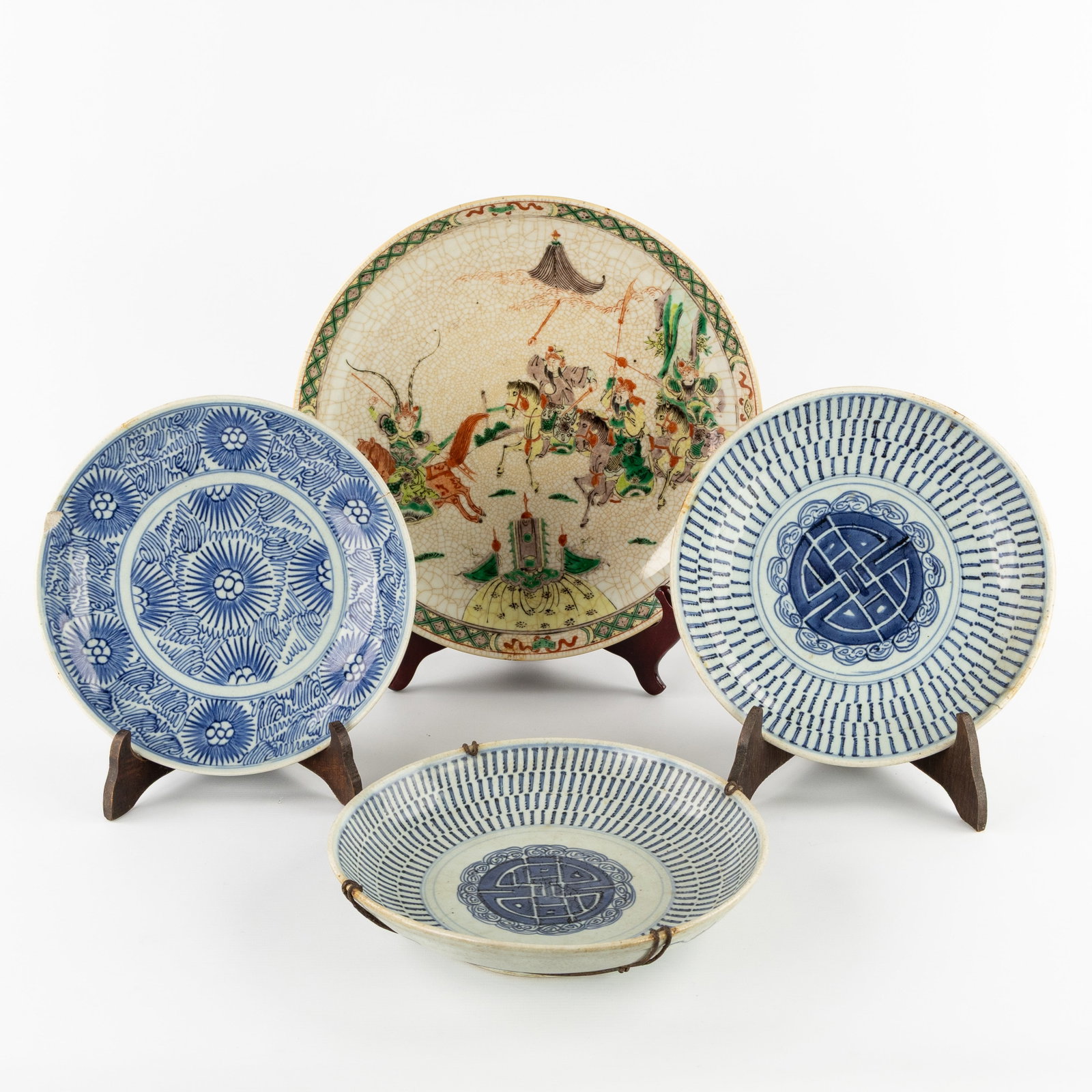 Three Chinese blue and white plates in Ming style and a Famille Verte plate with a warrior scene, Ch (1 of 8)
