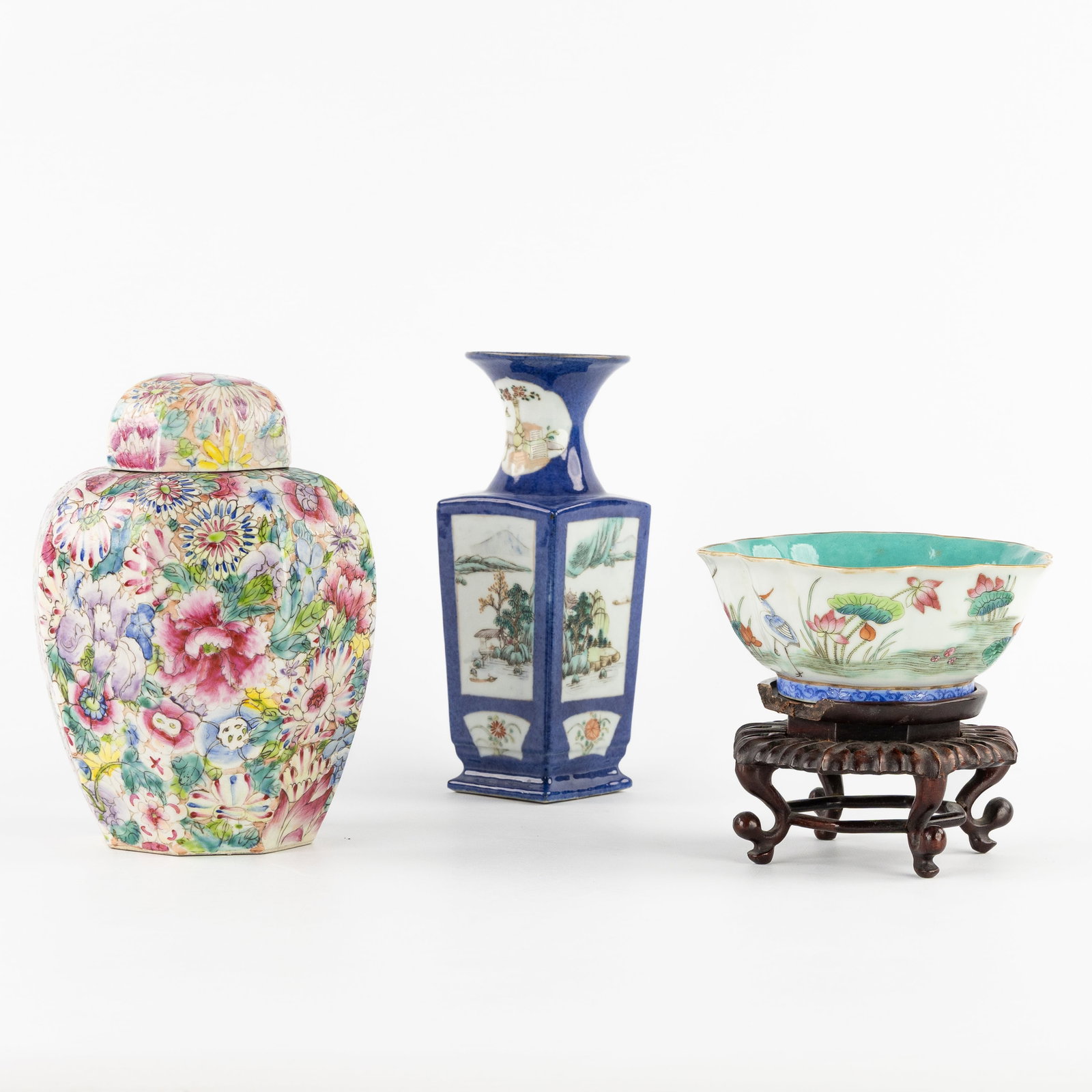 Two Small Chinese vases and a small dish, Famille Rose, Millefleurs, Marked Kangxi, Qianlong, and To (1 of 9)