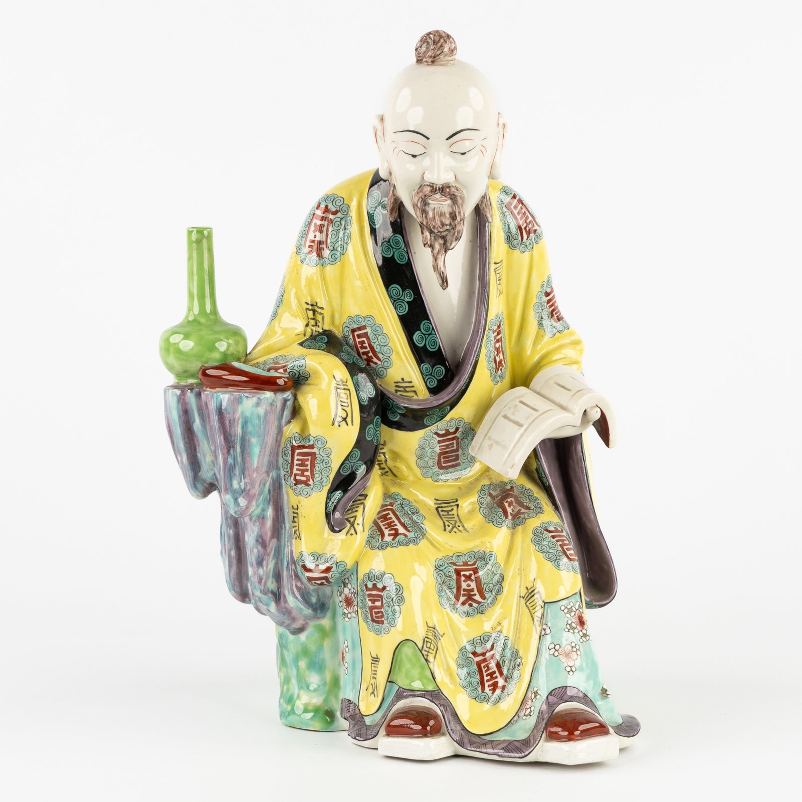 A Sculpture of a Chinese scholar or Daoshi, polychrome porcelain, marked Meissener, 20th C.: A Sculpture of a Chinese scholar or Daoshi, polychrome porcelain, marked Meissener, 20th century. Polychrome porcelain.Depiction of a Daoshi or a Taoist scholar, Daoist.Marked Meissener on the inside.