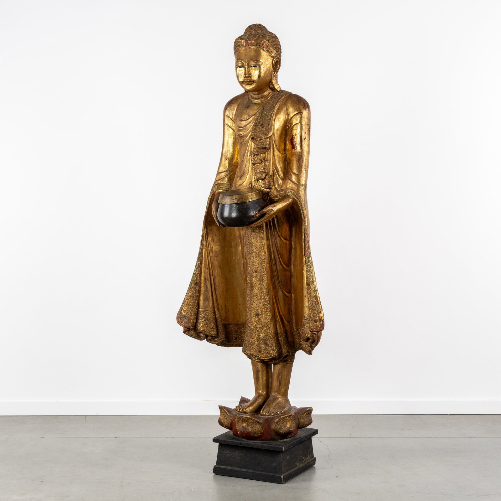 A Large Decorative Statue of a Standing Burmese Buddha with an Alms Bowl, Sculptured and Gilded Wood (1 of 10)
