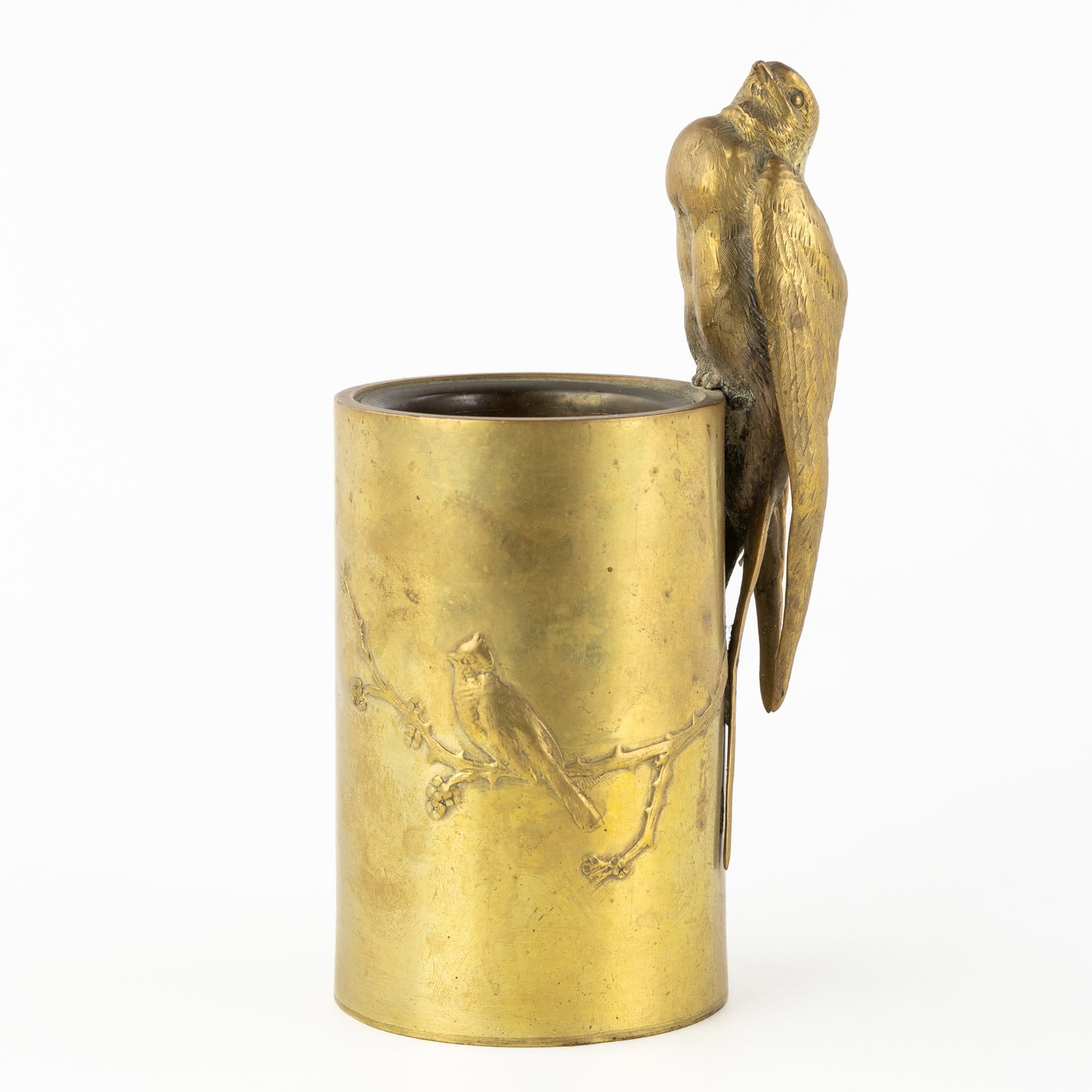 A Japanese brush pot or pen holder with a sculptured swallow, bronze, circa 1910. (1 of 9)