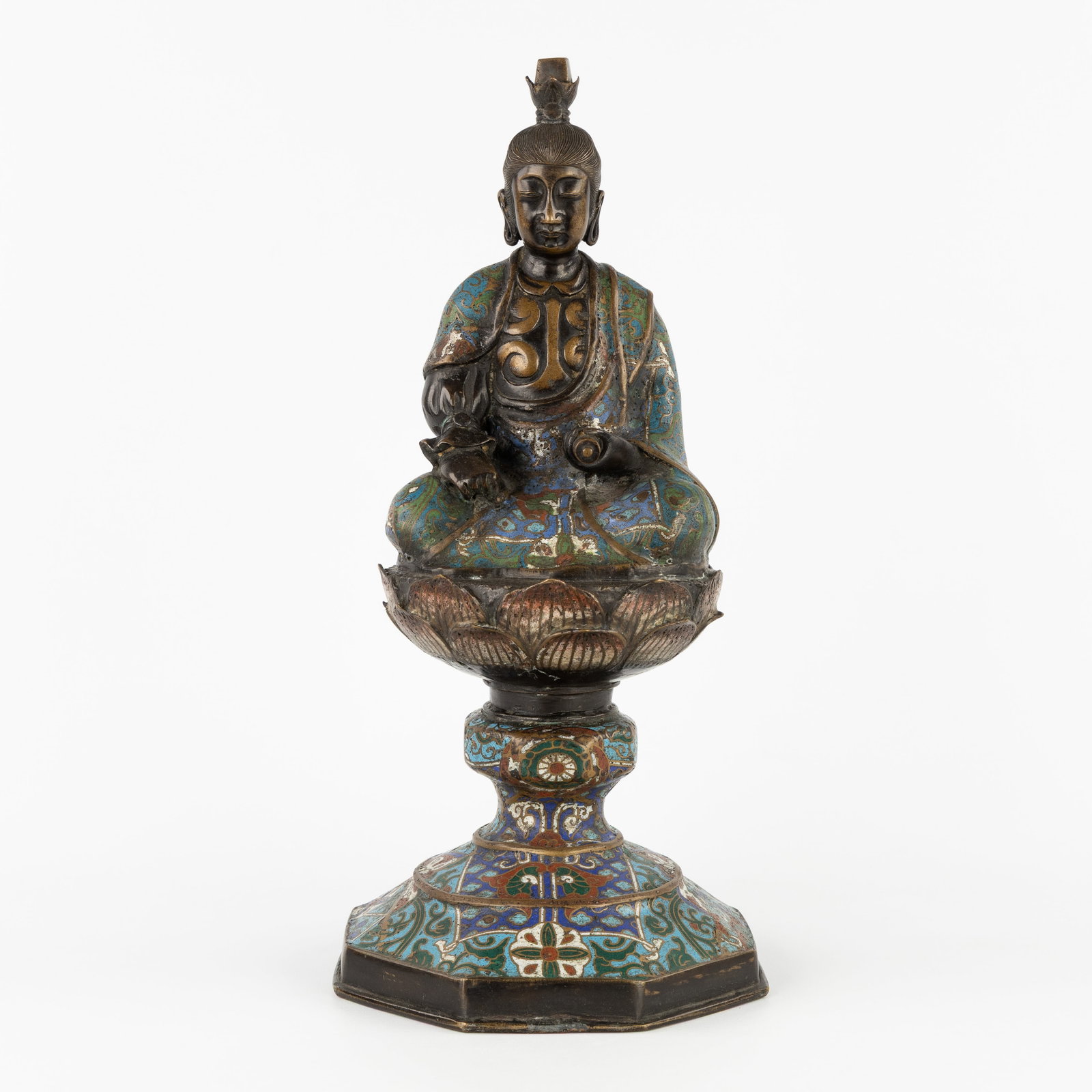 An Oriental Bodhisattva or Guanyin on a lotus throne, bronze and cloisonné enamel, 19th/20th C. (1 of 8)
