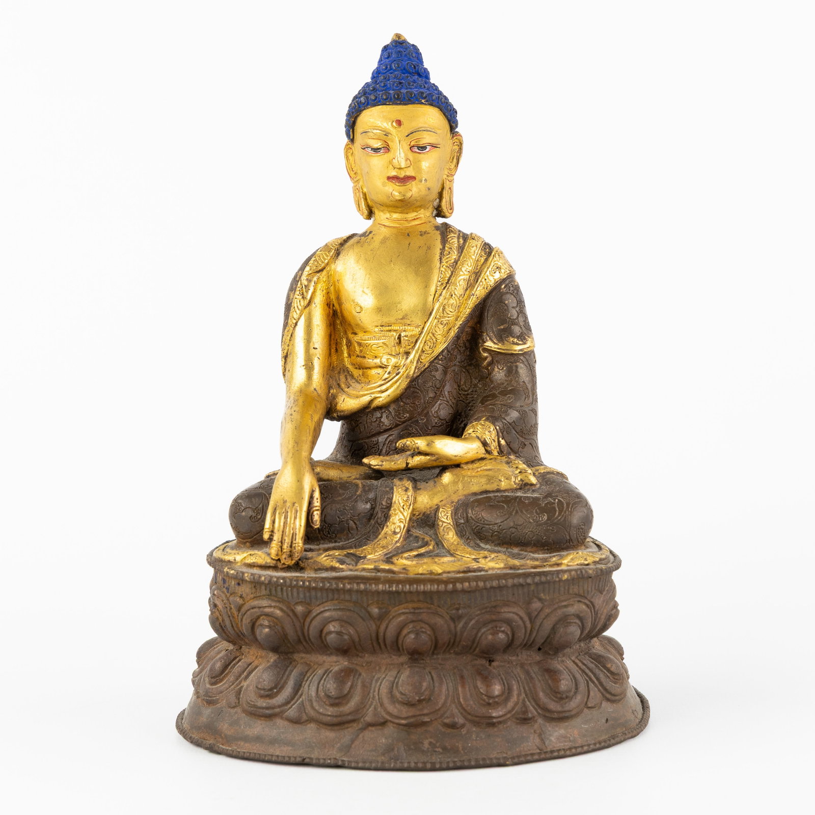 A Sino-Tibetan 'Gold Face' Buddha, in Bhumisparsha mudra on a lotus throne, gilded and patinated met (1 of 7)