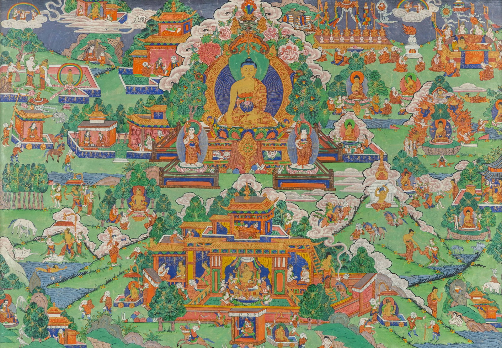 A framed thangka depicting the Life Story of Shakyamuni Buddha. 19th/20th century. (1 of 6)