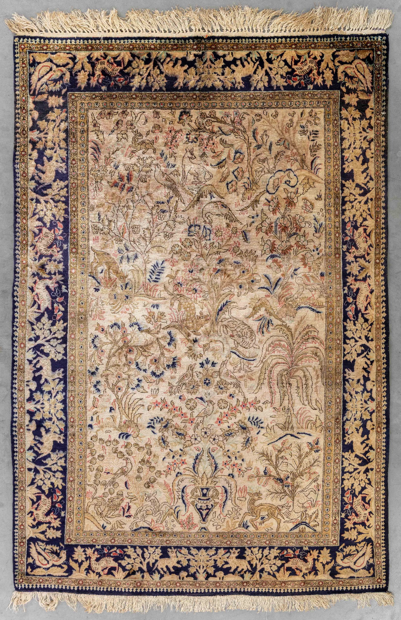 An Oriental handmade carpet, Fauna and Flora decor, Silk, Ghoum, Iran (155 x 105 cm). (1 of 6)