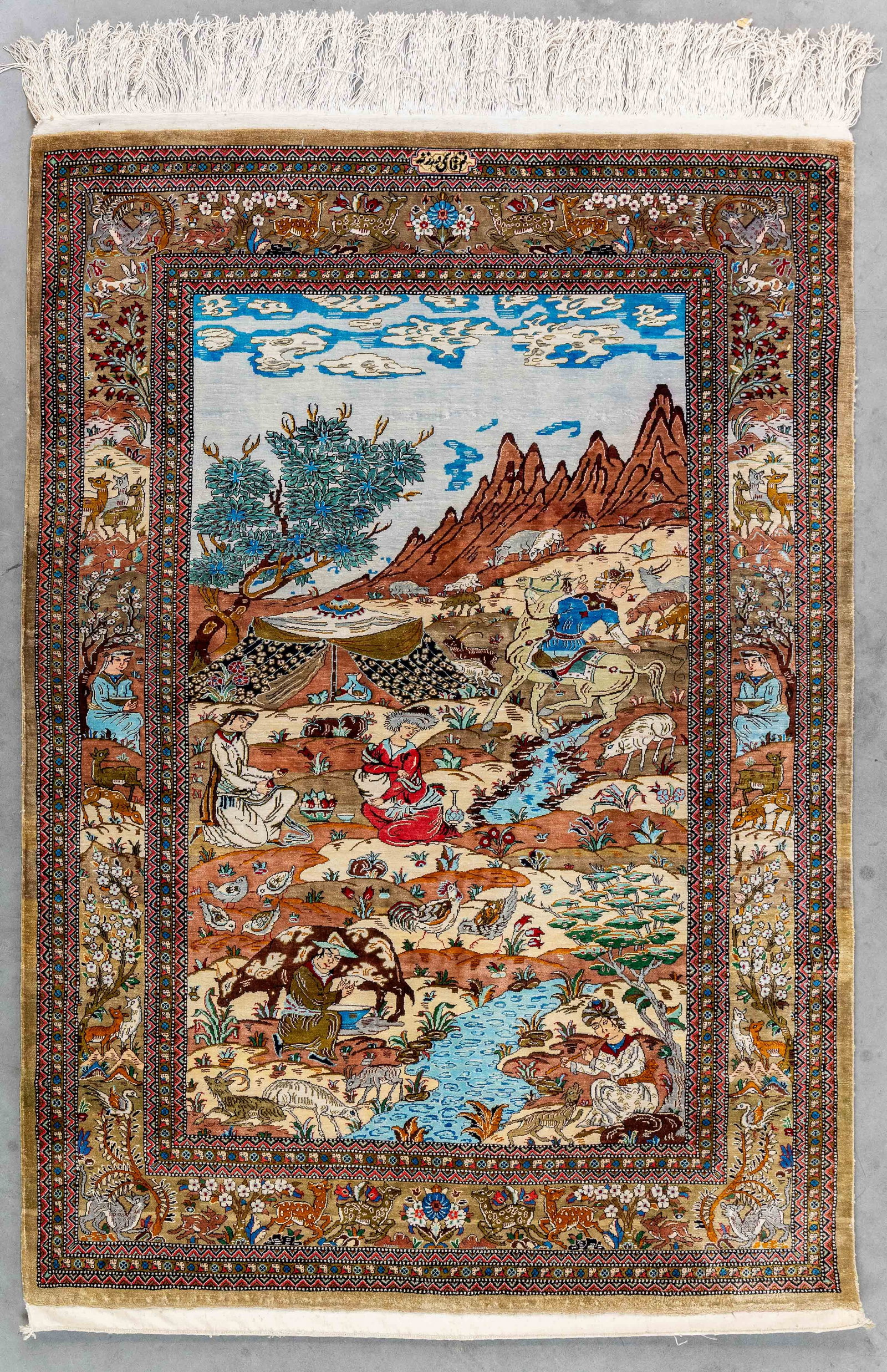 An Oriental handmade figurative carpet, Silk, Ghoum, Iran (151 x 106 cm). (1 of 7)