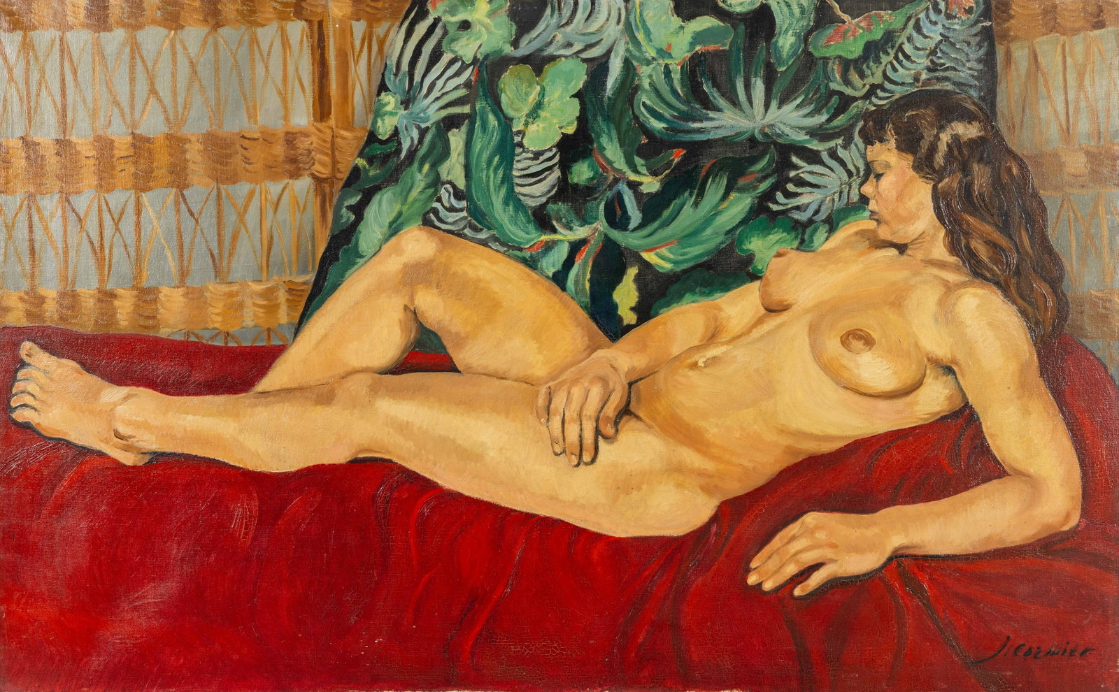 Joe Descomps (1869-1950) ‘Nue Allongé - Reclining Nude’, oil on canvas.: Joe Descomps (1869-1950) ‘Nue Allongé - Reclining Nude’, oil on canvas. Painting of a reclining nude, oil on canvas. Signed J. Cormier, for Joseph Emmanuel Cormier, alias of Joe Desco