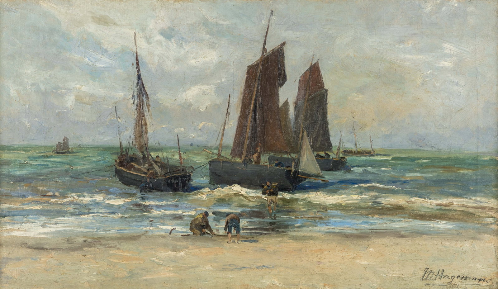 Maurice Hagemans (1852-1917) 'Retour Du Pêche', Oil on canvas.: Maurice Hagemans (1852-1917) 'Retour Du Pêche', Oil on canvas. The return from fishing. Oil on canvas, mounted on a particle board. Signed lower right. (60 x 90 cm) Dimensions: (W:70