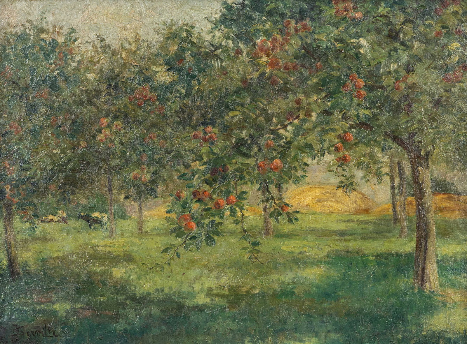 Jeanne Serville (XIX) 'Paysage avec Pêchers' oil on canvas. : Jeanne Serville (XIX) 'Paysage avec Pêchers' oil on canvas. ‘Landscape with Peach Trees’, oil on canvas. Signed lower left. (51 x 65 cm) Dimensions: (W:54 x H:40 cm)