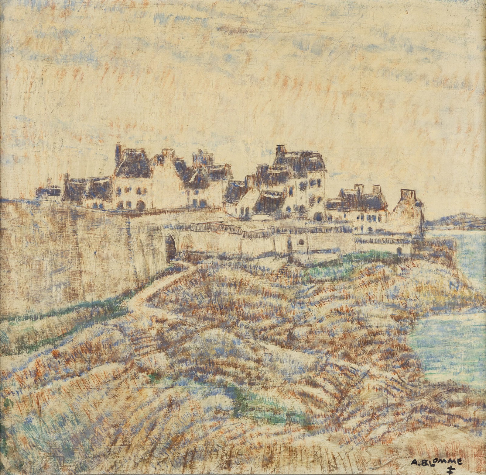 Alfons Blomme (1889-1979) 'Saint Malo', oil on canvas.: Alfons Blomme (1889-1979) 'Saint Malo', oil on canvas. Oil on canvas.Signed lower right. (96 x 98 cm) Dimensions: (W:77 x H:76 cm) The absence of a condition report does not imply a perfect item. Plea