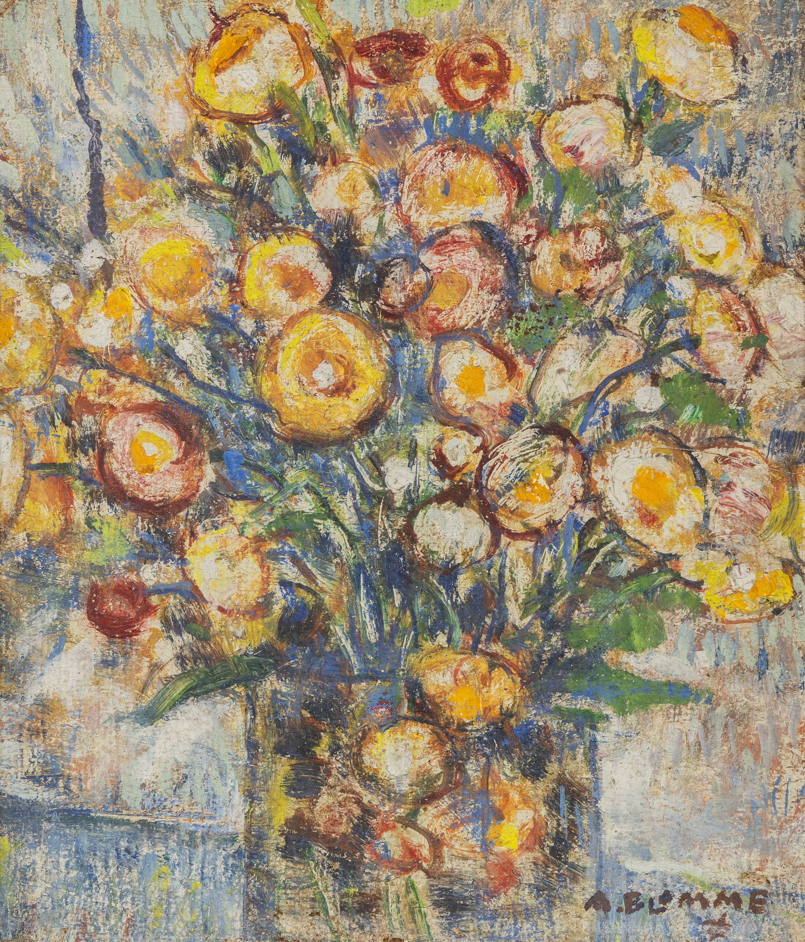 Alfons Blomme (1889-1979) ‘Bouquet of Flowers’, oil on board.: Alfons Blomme (1889-1979) ‘Bouquet of Flowers’, oil on board. A painting, oil on board. Signed lower right. (44 x 40 cm) Dimensions: (W:30 x H:35 cm) The absence of a condition
