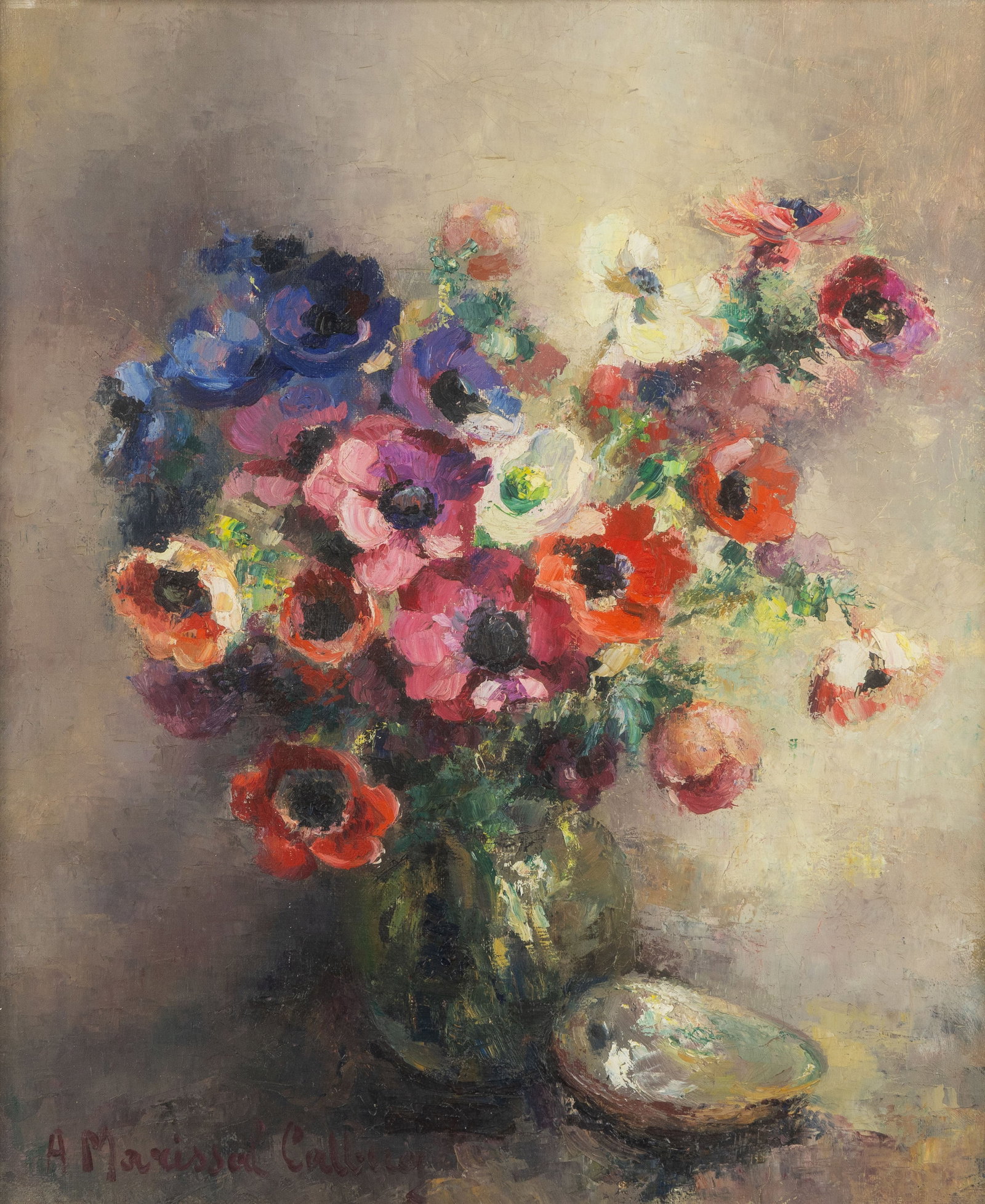 Andrée Marissal-Calbert (1903-1986) ‘Flower Vase with Anemones’ oil on canvas: Andrée Marissal-Calbert (1903-1986) ‘Flower Vase with Anemones’ oil on canvas Signed lower left. Oil on canvas, framed behind glass. (71 x 62 cm) Dimensions: (W:39 x H:46 cm)