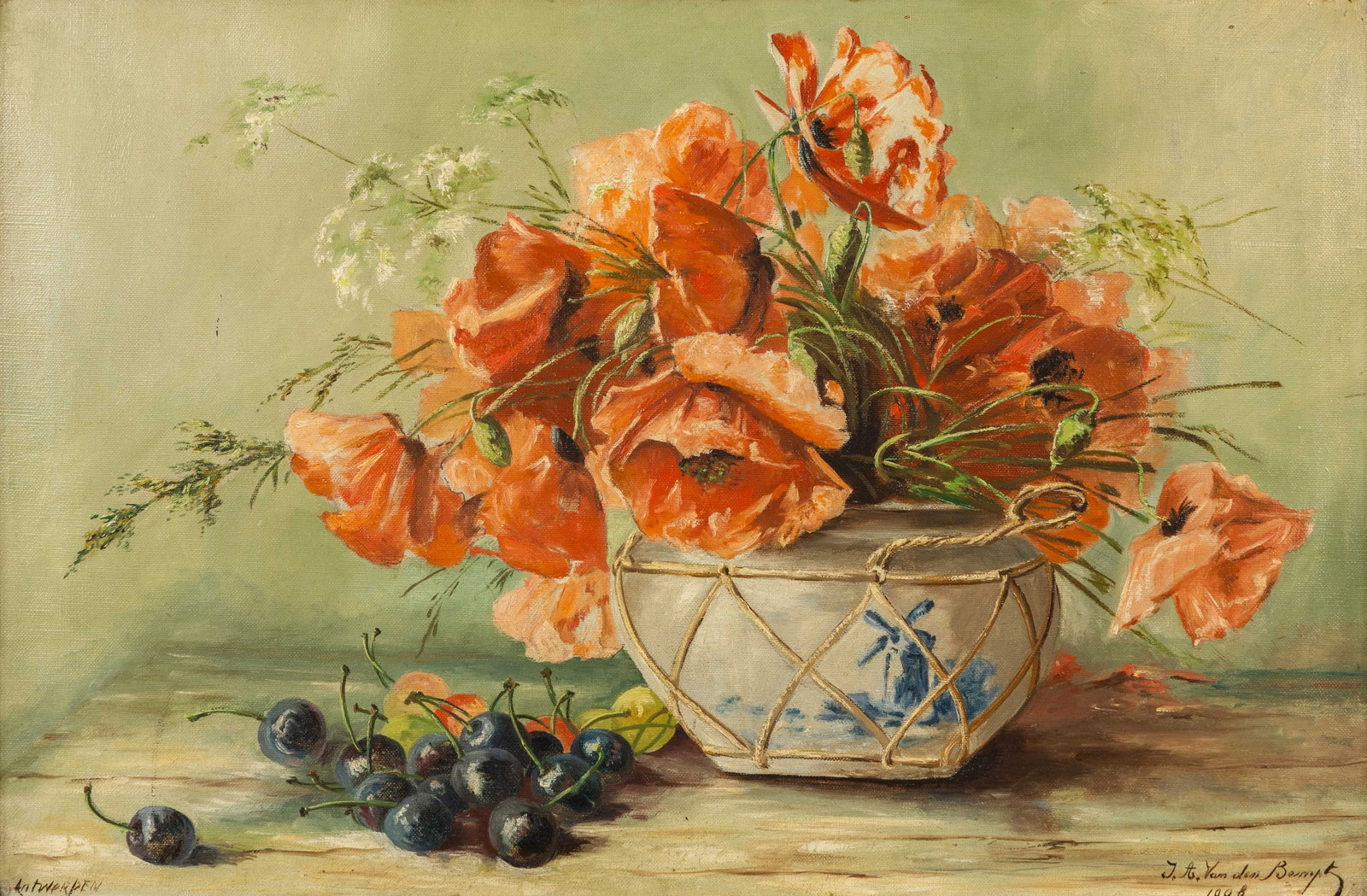 J.A. Van Den Bempt (XIX-XX) ‘Poppies and Cherries’, oil on canvas. (1908): J.A. Van Den Bempt (XIX-XX) ‘Poppies and Cherries’, oil on canvas. (1908) A painting, oil on canvas. Signed and dated lower right. Marked ‘Antwerp’ lower left. 