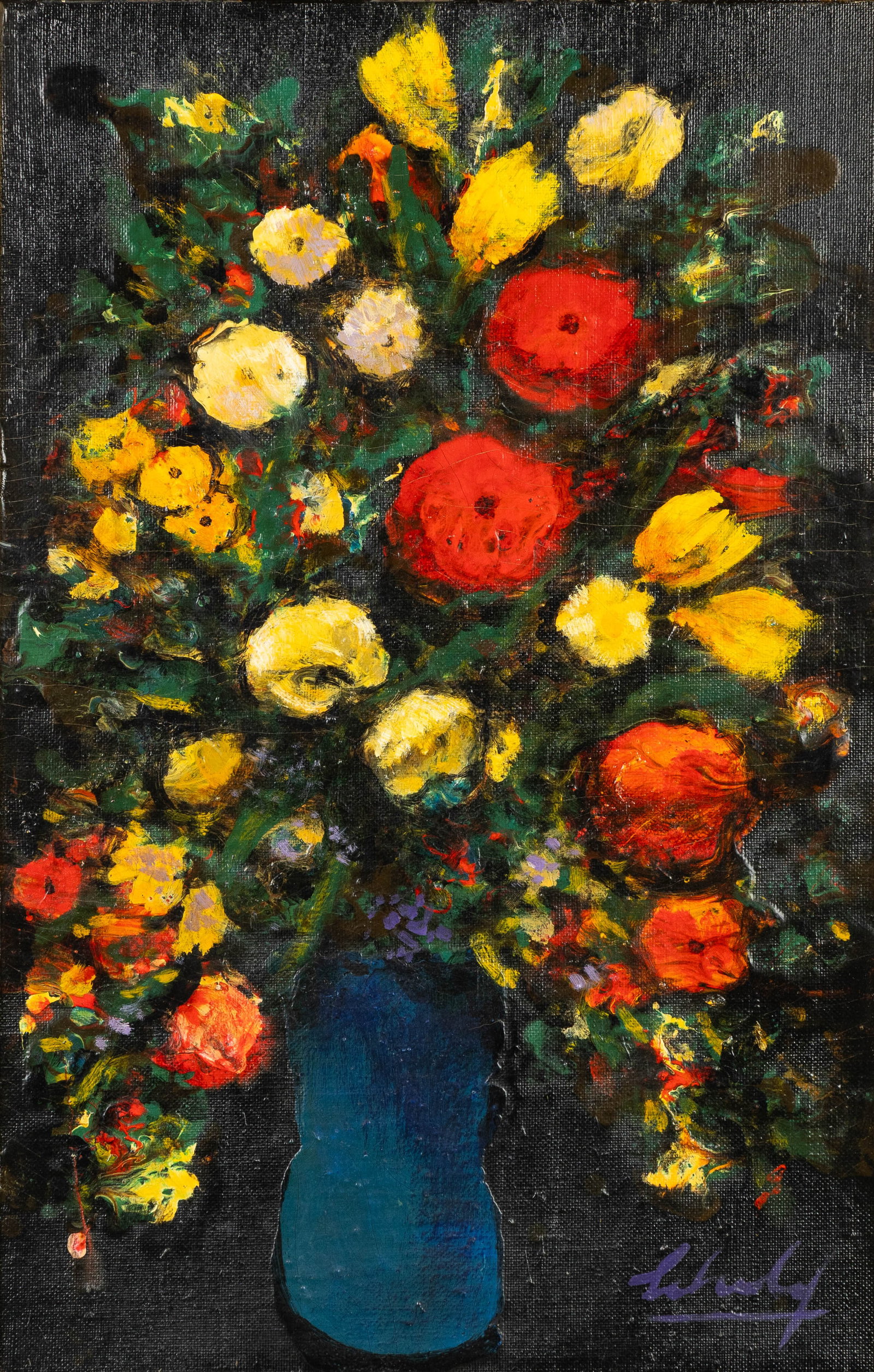 Maurice Schelck (1906-1978) 'Flower Vase', oil on board.: Maurice Schelck (1906-1978) 'Flower Vase', oil on board. A painting, oil on board. Signed lower right. (78 x 56 cm) Dimensions: (W:40 x H:63 cm) The absence of a condition report does not i