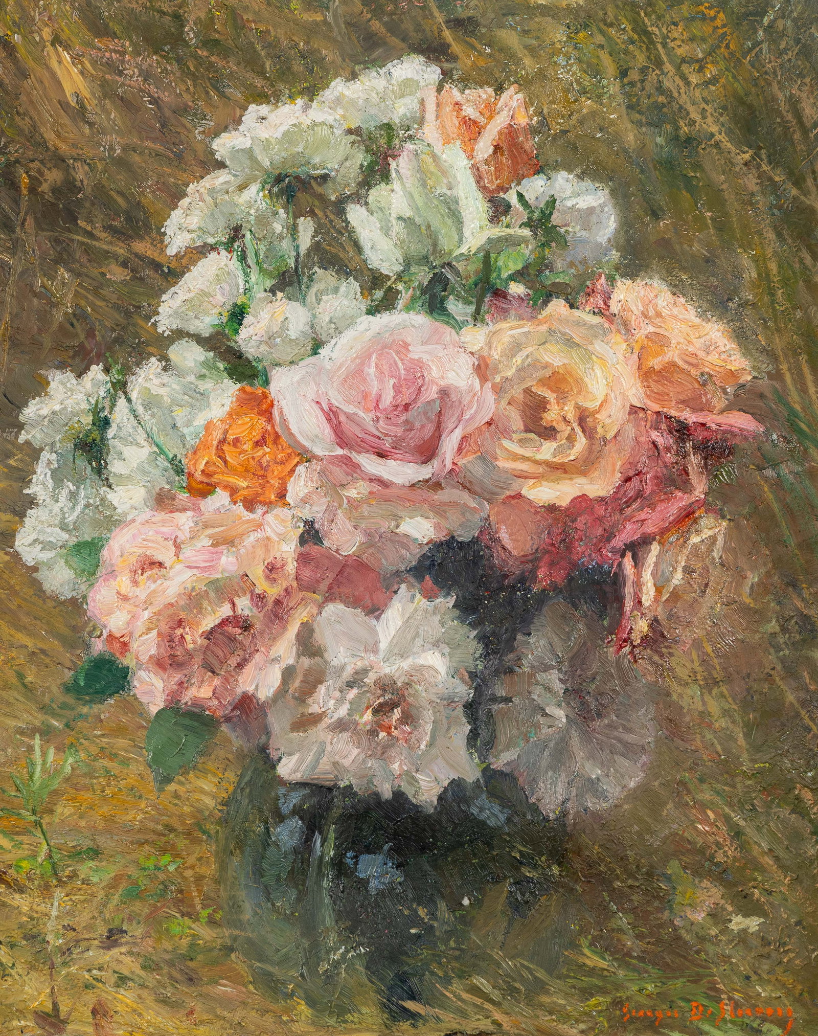 Georges De Sloovere (1873–1970) ‘Bouquet of Roses’, oil on canvas.: Georges De Sloovere (1873–1970) ‘Bouquet of Roses’, oil on canvas. A painting, oil on canvas. Signed lower right. (73 x 63 cm) Dimensions: (W:40 x H:50 cm) The absence of 