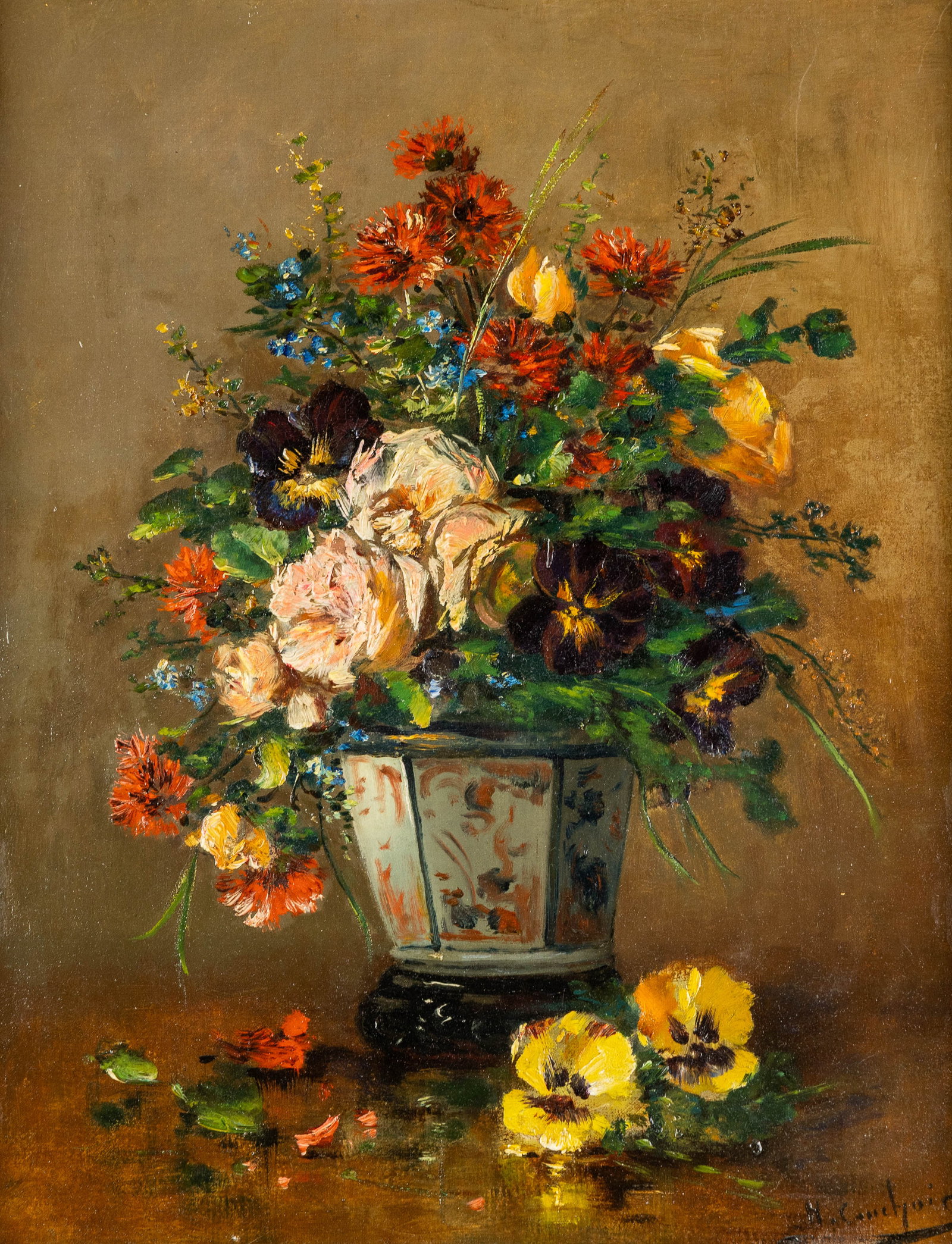 Eugène Henri Cauchois (1850–1911) ‘Japanese Vase with Flowers’, oil on canvas: Eugène Henri Cauchois (1850–1911) ‘Japanese Vase with Flowers’, oil on canvas. A painting, oil on canvas. Signed lower right. (65 x 53 cm) Dimensions: (W:37 x H:46 cm