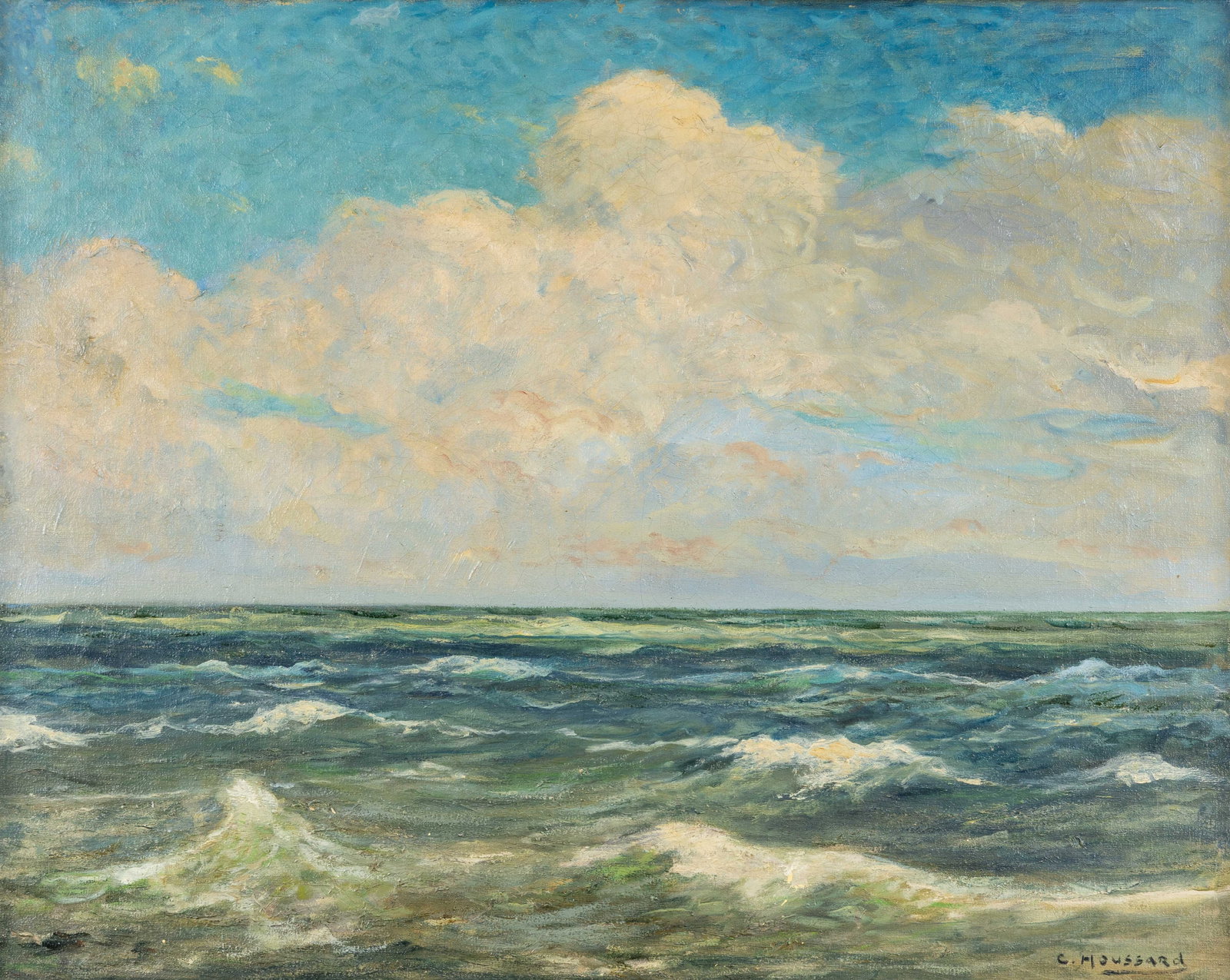 Charles Houssard (1884-1958) ‘L'Atlantique’ oil on canvas.: Charles Houssard (1884-1958) ‘L'Atlantique’ oil on canvas. A painting, oil on canvas. Signed lower right. Titled on the reverse. (77 x 95 cm) Dimensions: (W:88 x H:70 cm)