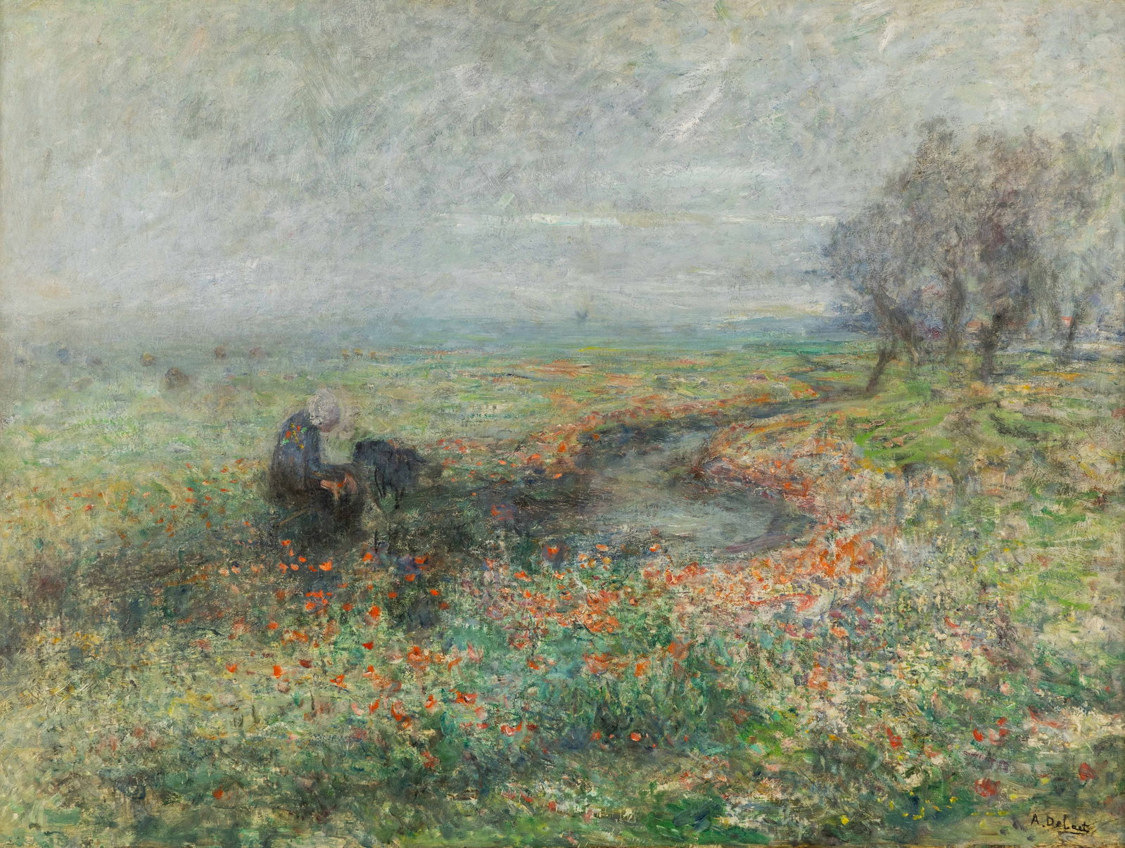 Aloïs De Laet (1866-1949) ‘Landscape with Flower Field’ oil on canvas.: Aloïs De Laet (1866-1949) ‘Landscape with Flower Field’ oil on canvas. Landscape with flowers and figures. Signed lower right. (95 x 120 cm) Dimensions: (W:107 x H:81 cm) T