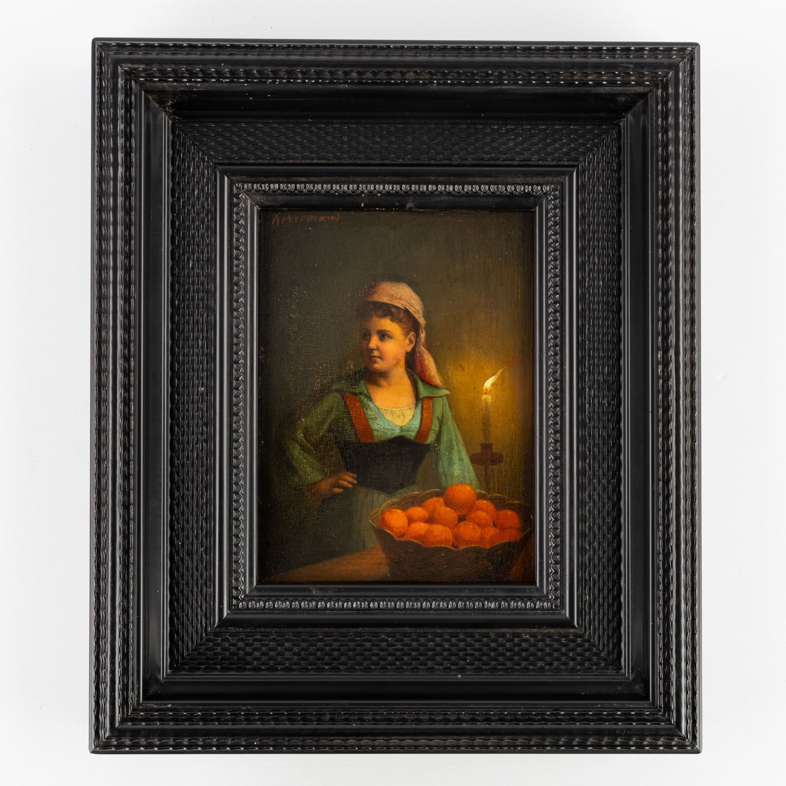 Jacobus Wilhelmus Kerremans (1828-1889) 'Fruit Seller by Candlelight', oil on panel.: Jacobus Wilhelmus Kerremans (1828-1889) 'Fruit Seller by Candlelight', oil on panel. Oil on panel.Signed upper left. (35 x 30 cm) Dimensions: (W:15 x H:20 cm) The absence of a condition report does no
