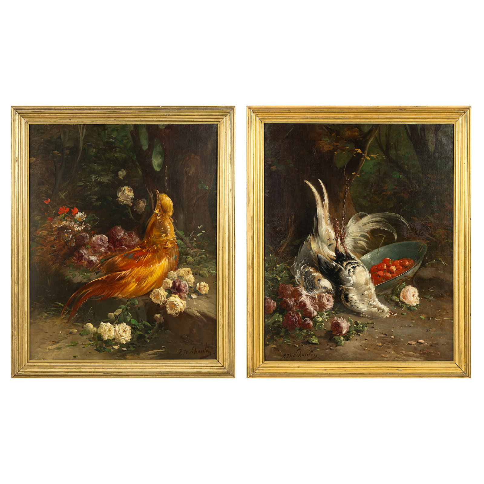 Paul Henri Schouten (1860–1922) ‘Hunting Trophies with Flowers’, a pendant pair, o: Paul Henri Schouten (1860–1922) ‘Hunting Trophies with Flowers’, a pendant pair, oil on canvas. A pair of paintings, oil on canvas.Signed P.H. Schouten, bottom right. (114 x 94