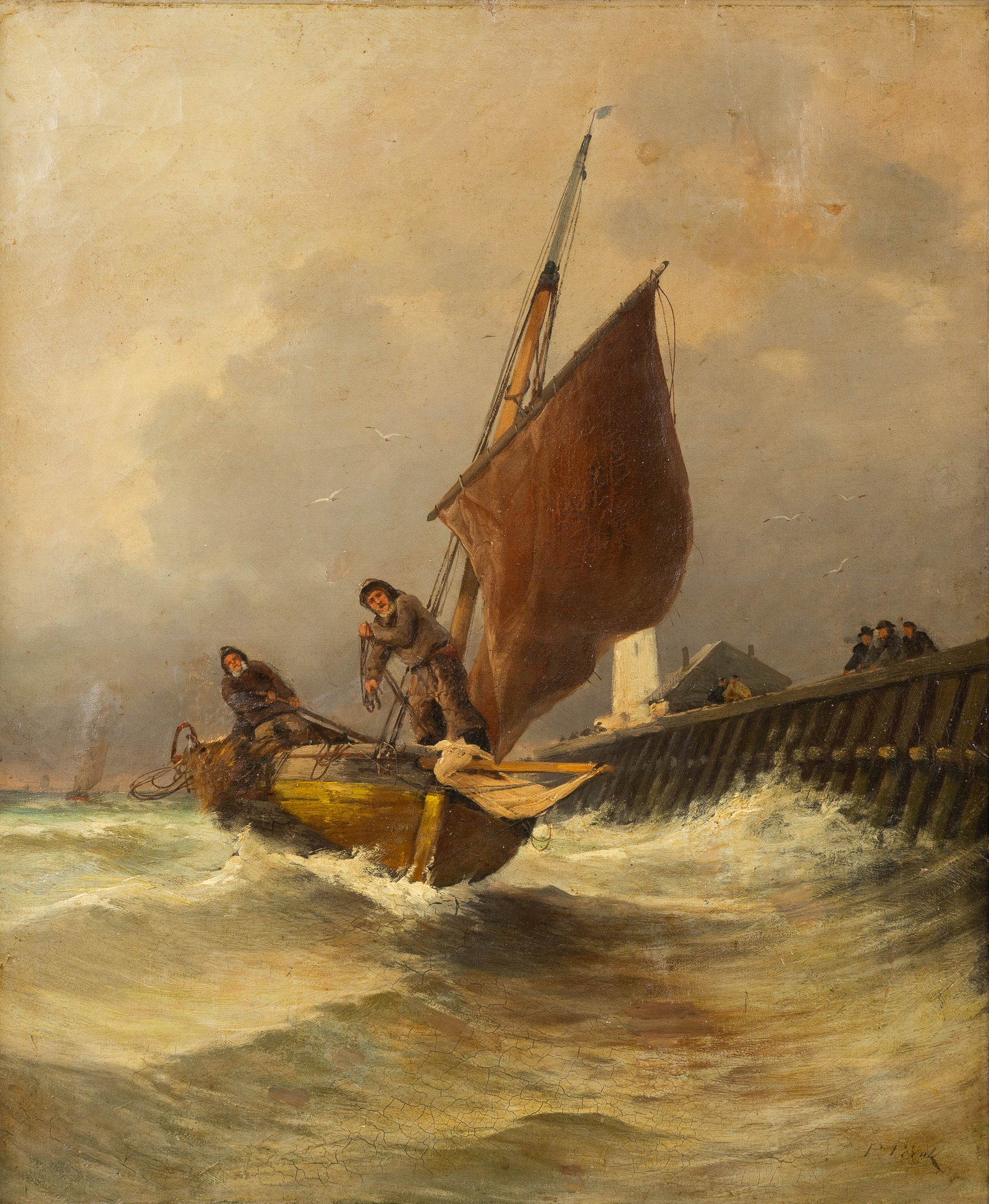 Pierre Perot (1851–?) 'Pêcheurs rentrent au port à Oostende', oil on canvas. (1 of 6)