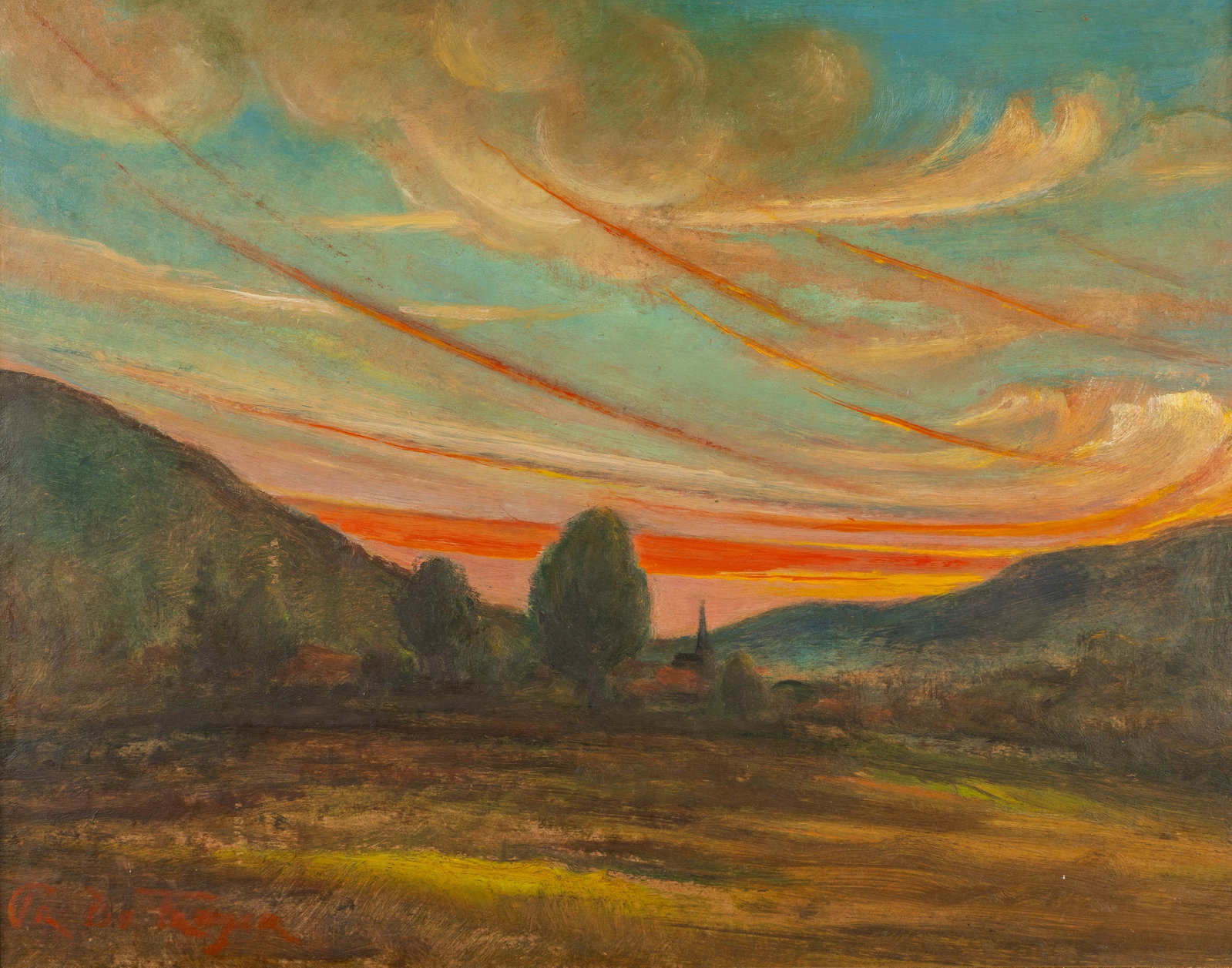 Prosper De Troyer (1880-1961) 'Landscape at dawn' oil on panel.: Prosper De Troyer (1880-1961) 'Landscape at dawn' oil on panel. A painting, oil on panel. Signed lower right. (56 x 67 cm) Dimensions: (W:54 x H:42 cm) The absence of a condition report d