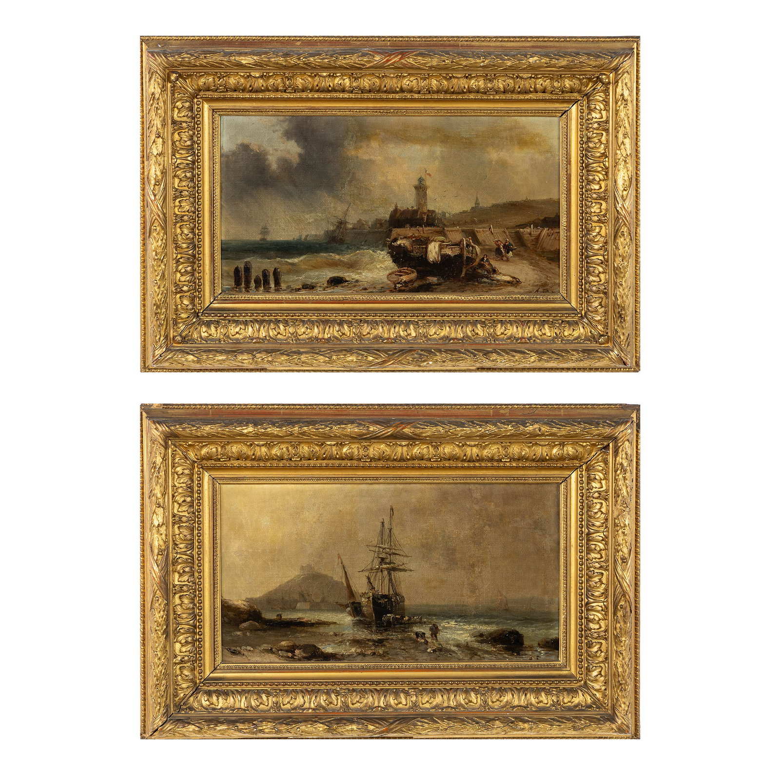 A Pair of fine pendant Marine paintings, 'Ships on the Beach', oil on canvas, monogrammed A.F., 19th (1 of 11)
