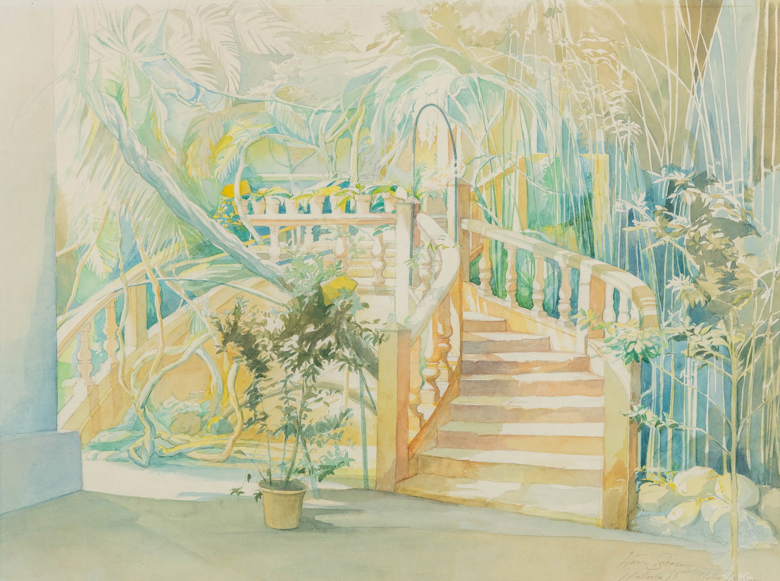 Hans Soenen (1957) “Jardins d'Alfàbia, Mallorca”, watercolour on paper. (1985): Hans Soenen (1957) “Jardins d'Alfàbia, Mallorca”, watercolour on paper. (1985) A shell, watercolour on paper. Signed lower right. (102 x 127 cm) Dimensions: (W:97 x H:72 cm