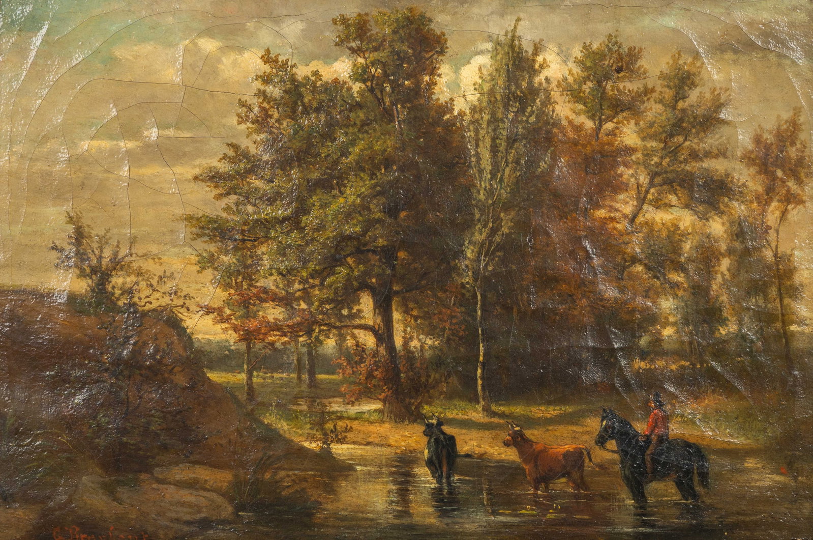 Gustave Brunfaut (act. c. 1880) 'Cows in the River', oil on canvas.: Gustave Brunfaut (act. c. 1880) 'Cows in the River', oil on canvas. Oil on canvas.Signed lower left. (56 x 71 cm) Dimensions: (W:43 x H:20,5 cm) The absence of a condition report does not imply a perf