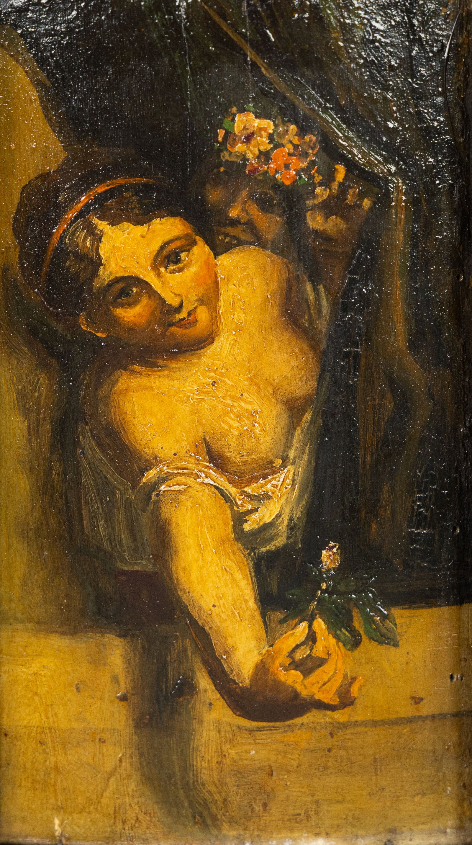 An antique painting, “The Rosehip”, oil on panel. 19th C.: An antique painting, “The Rosehip”, oil on panel. 19th century. Based on the work of Antoine Wiertz: “The Rosebud”, 1864. (35 x 25 cm) Dimensions: (W:13 x H:23 cm) The absence 