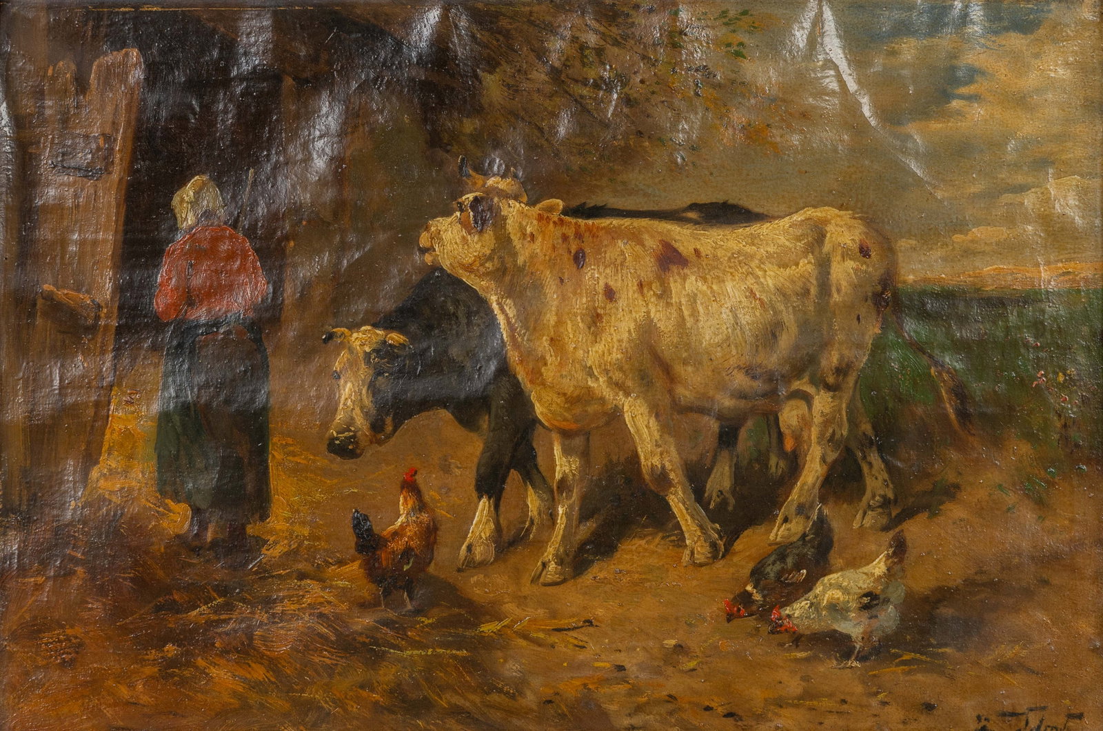 Paul Schouten (1860–1922) ‘Chickens and Cattle’, oil on canvas.: Paul Schouten (1860–1922) ‘Chickens and Cattle’, oil on canvas. A painting, oil on canvasSigned lower right. (57 x 76 cm) Dimensions: (W:60 x H:40 cm) The absence of a conditio