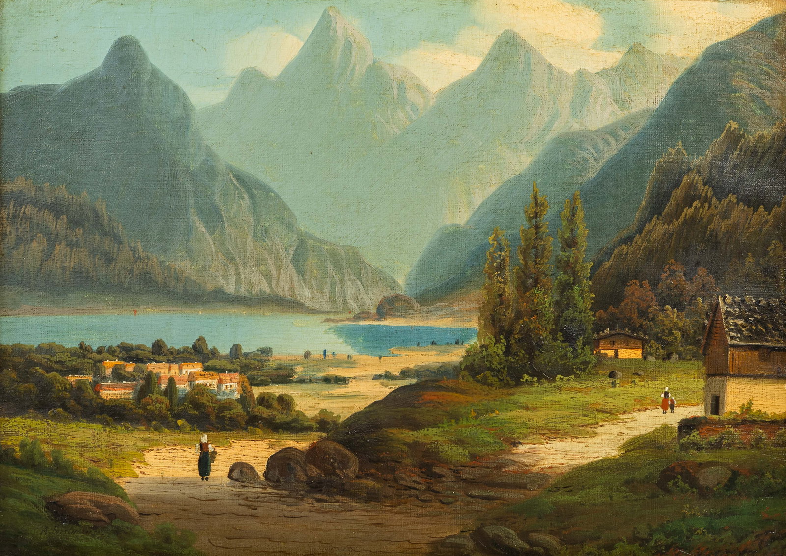 Arnold Forstmann (1842-1904/14) 'Alpine Landscape with Village by the Lake', oil on canvas. (1 of 6)