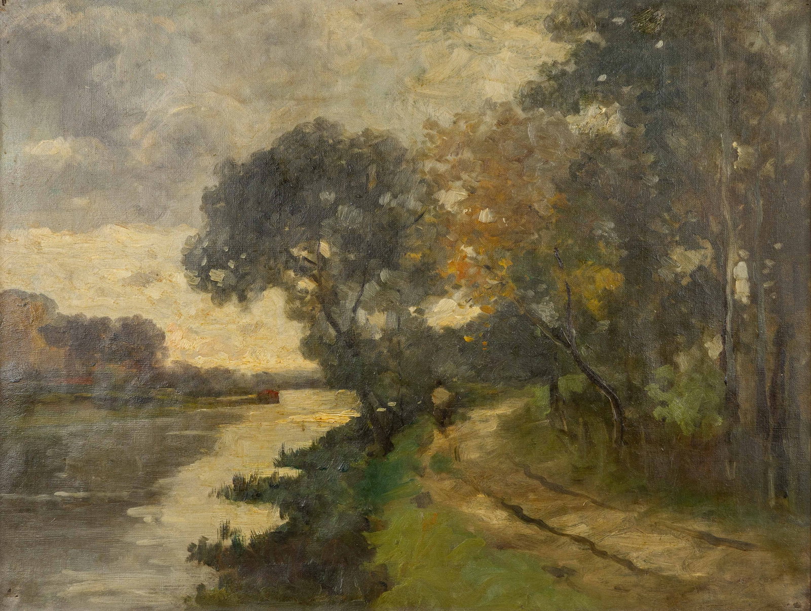 A Decorative painting, 'The Towpath', oil on canvas, circa 1900. (1 of 7)