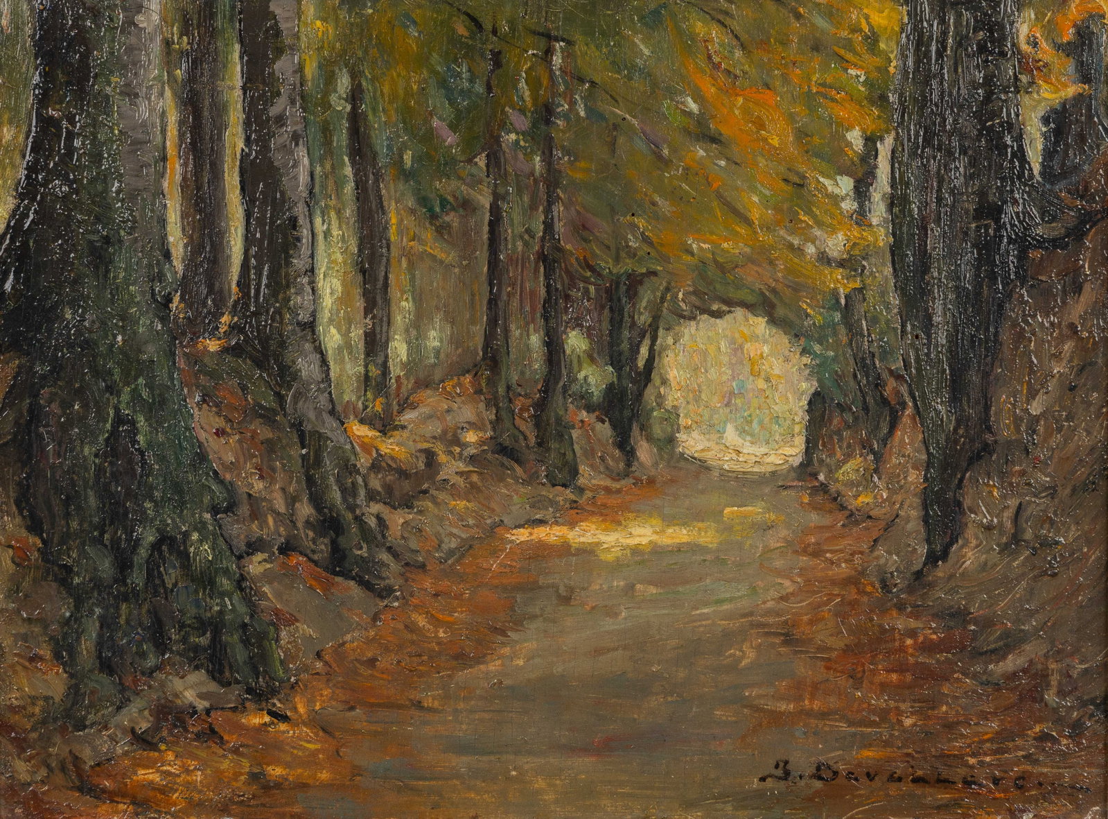 Jean De Vettere (1890-?) 'Chemin Creux', oil on panel.: Jean De Vettere (1890-?) 'Chemin Creux', oil on panel. (Hollow Road)Oil on panel.Signed lower right.Titled on the back. (41 x 51 cm). Dimensions: (W:40 x H:30 cm) The absence of a condition report doe