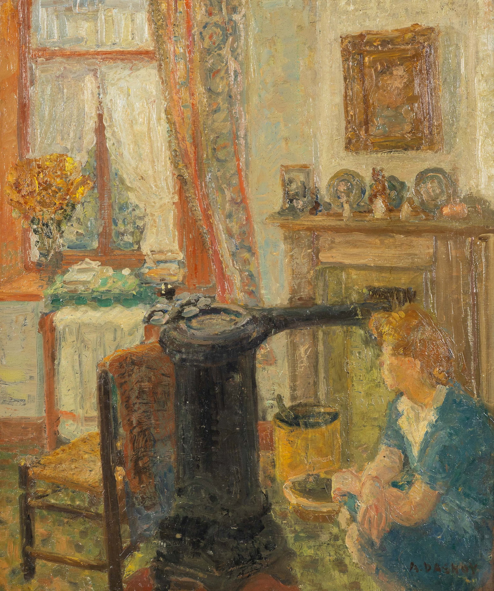 Albert Dasnoy (1901–1992) ‘Lady by the Fireplace’, oil on canvas. (1 of 5)