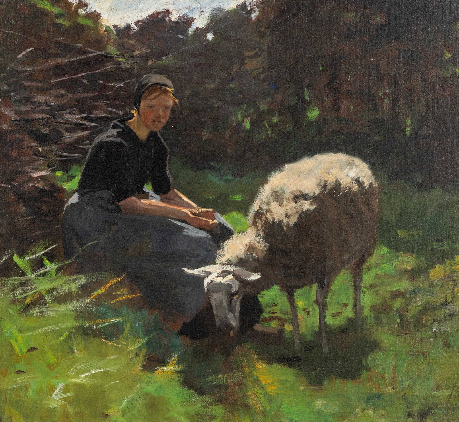 Willy Martens (1856–1927) ‘Girl with a Sheep’, oil on canvas.: Willy Martens (1856–1927) ‘Girl with a Sheep’, oil on canvas. Oil on canvas, mounted on board.Unsigned. (61 x 65 cm) Dimensions: (W:55 x H:51 cm) The absence of a condition rep