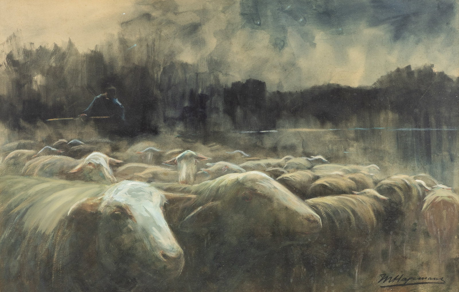 Maurice Hagemans (1852-1917) ‘Berger et ses Moutons’, pastel on paper.: Maurice Hagemans (1852-1917) ‘Berger et ses Moutons’, pastel on paper. Shepherd with sheep. Pastel on paper, framed behind glass. Signed lower right. (67 x 92 cm) Dimensions: (W: