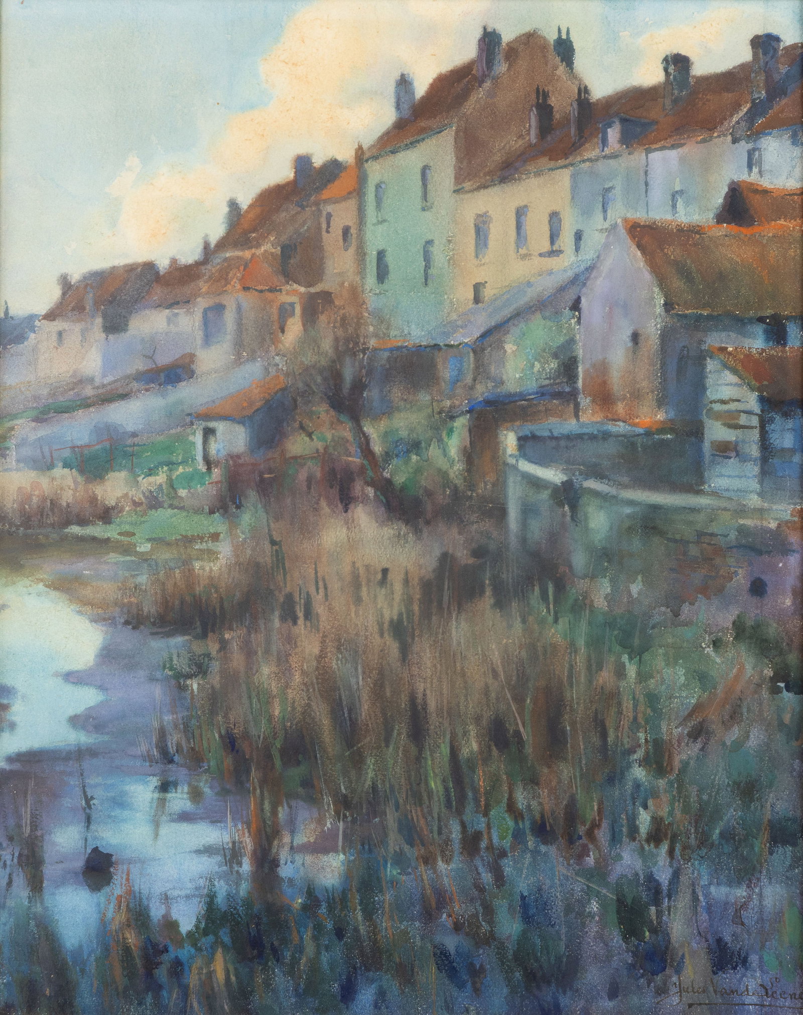 Jules Vandeleene (1887–1962) ‘Colourful view of houses’, pastel on paper.: Jules Vandeleene (1887–1962) ‘Colourful view of houses’, pastel on paper. A drawing in pastel and pencil on paper.Signed lower right. (68.5 x 58.5 cm) Dimensions: (W:40 x H:50 