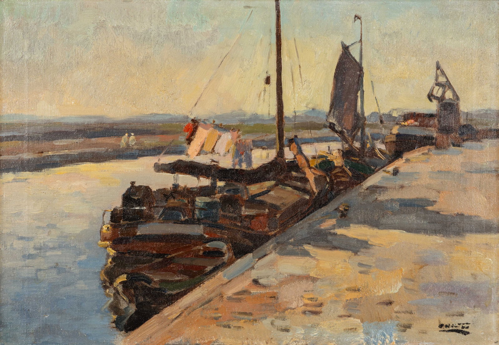 Cor Noltee (1903–1967) ‘Barge at the Quay’, oil on canvas.: Cor Noltee (1903–1967) ‘Barge at the Quay’, oil on canvas. A painting, oil on canvas. Signed lower left. (41 x 57 cm) Dimensions: (W:50 x H:35 cm) The absence of a conditi