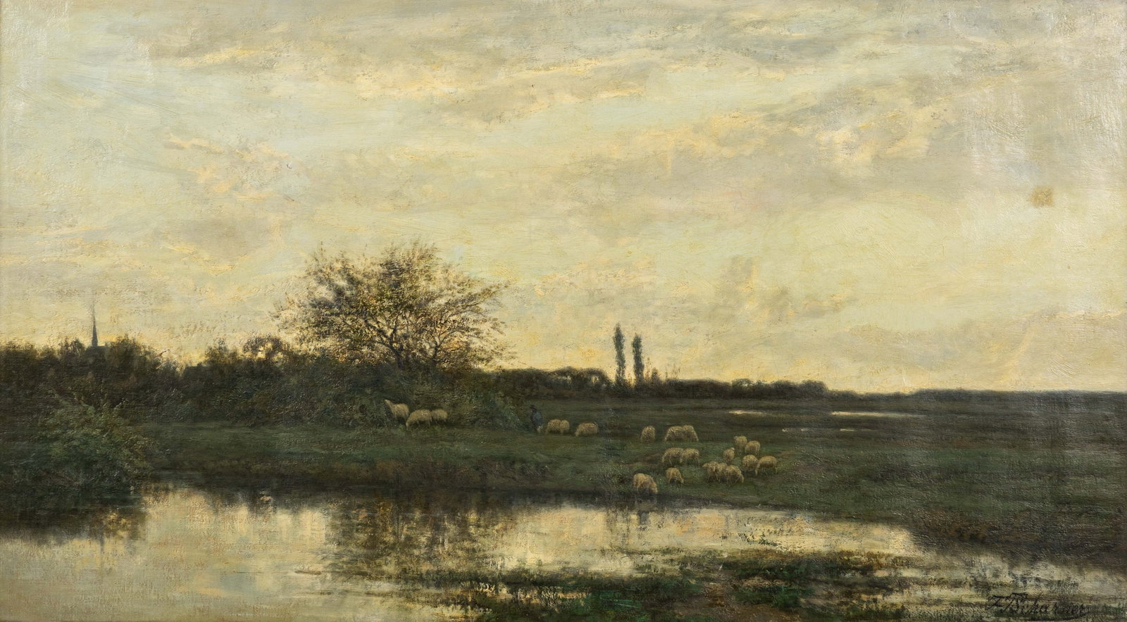 Théodore Tschnarner (1826–1906) ‘Landscape with a Pond and Sheep’, oil on can (1 of 7)