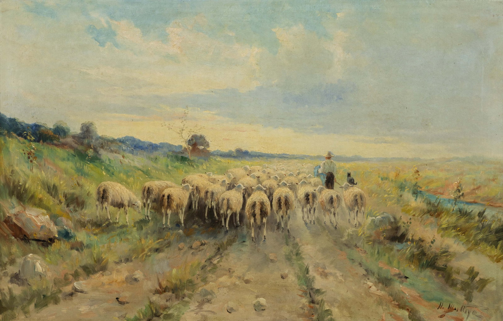 Henri Matthys (XIX-XX) ‘Landscape with a Shepherd’, oil on canvas.: Henri Matthys (XIX-XX) ‘Landscape with a Shepherd’, oil on canvas. A painting, oil on canvasBeautifully framed. Signed lower right. (96 x 130 cm) Dimensions: (W:100 x H:65 cm) T