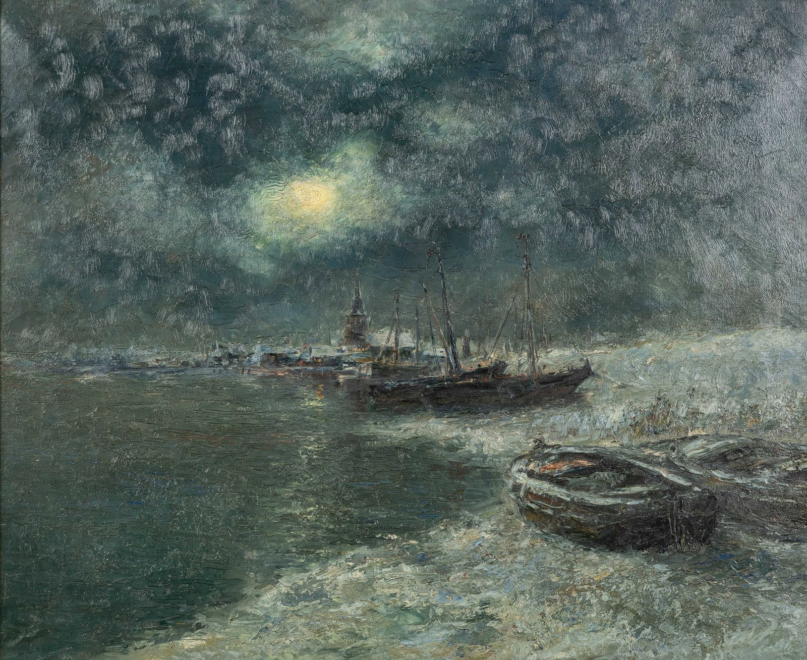Romain Steppé (1859–1927) ‘Bords de l'Escaut, nuit d'hiver’, oil on canvas. (1 of 5)